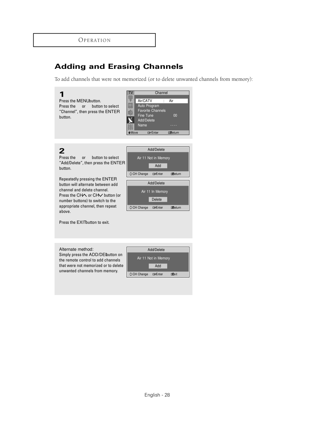 Samsung SP43Q5HL, SP47Q5HL manual Adding and Erasing Channels 