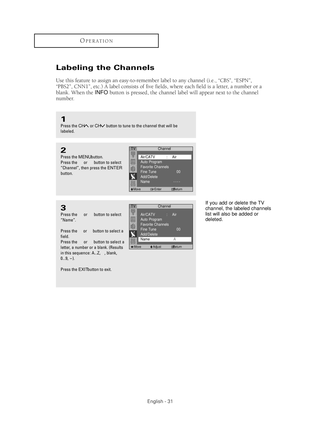 Samsung SP47Q5HL, SP43Q5HL manual Labeling the Channels 