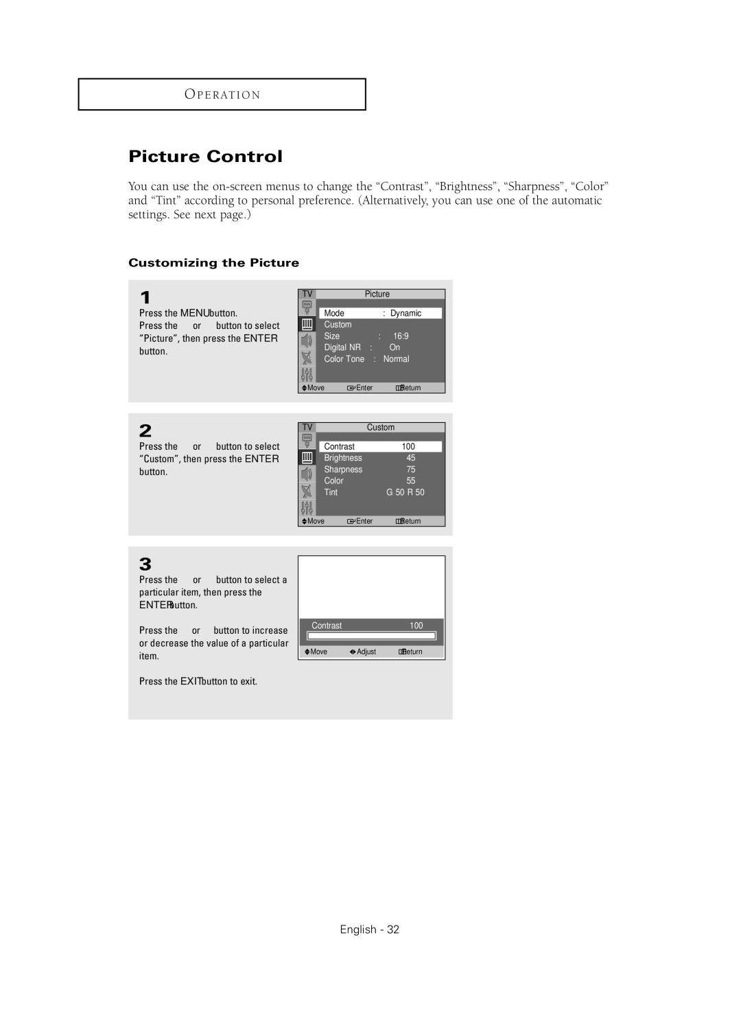 Samsung SP43Q5HL, SP47Q5HL manual Picture Control, Customizing the Picture 