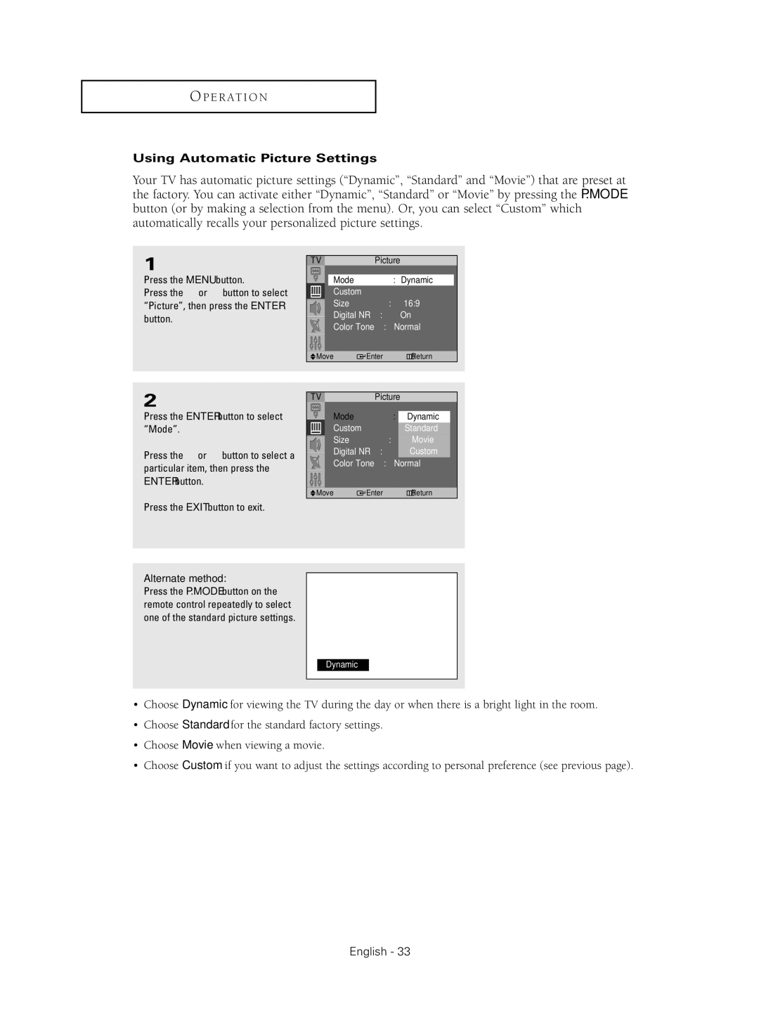 Samsung SP47Q5HL, SP43Q5HL manual Using Automatic Picture Settings 