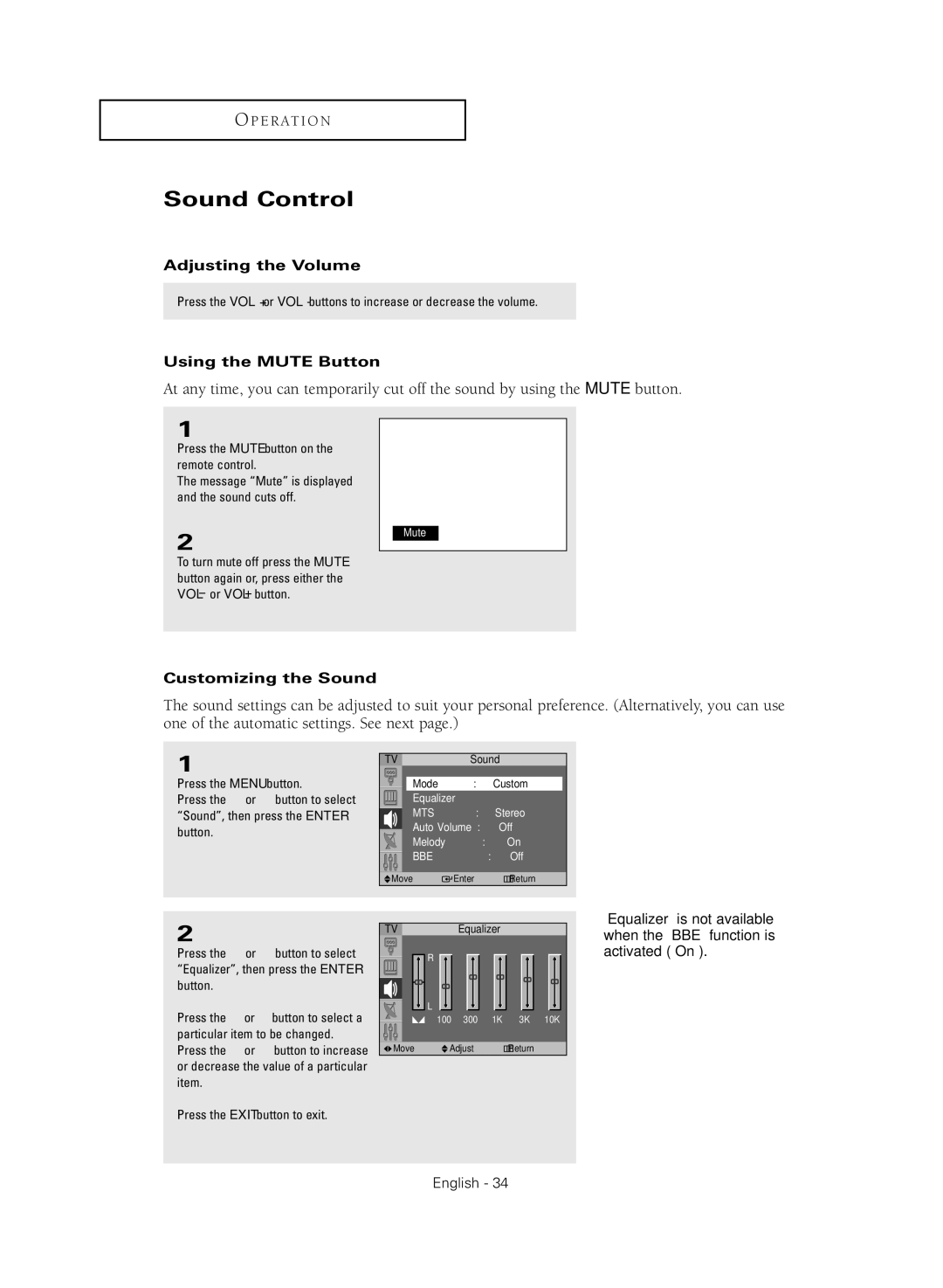 Samsung SP43Q5HL, SP47Q5HL manual Sound Control, Adjusting the Volume, Using the Mute Button, Customizing the Sound 