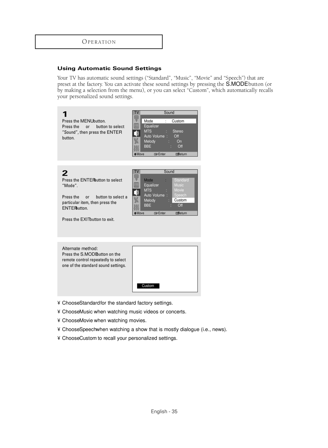 Samsung SP47Q5HL, SP43Q5HL manual Using Automatic Sound Settings 