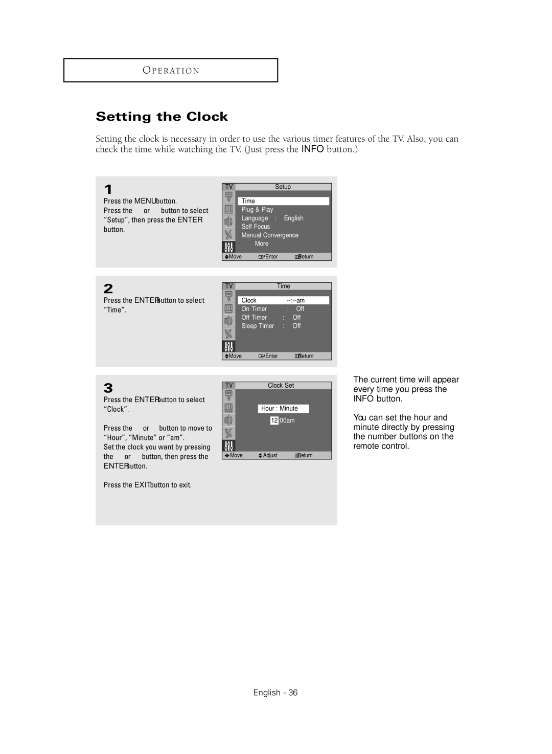 Samsung SP43Q5HL, SP47Q5HL manual Setting the Clock 