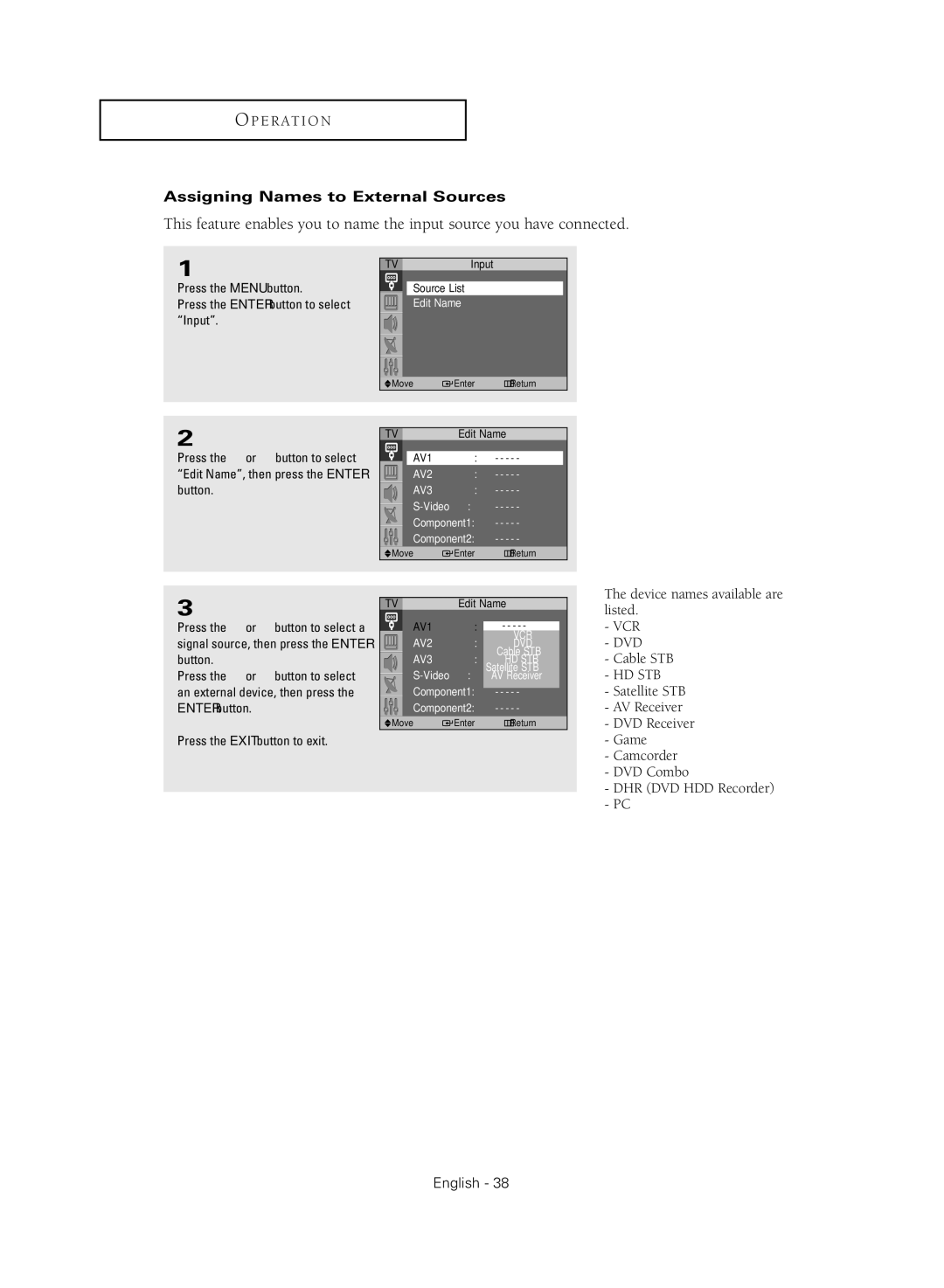 Samsung SP43Q5HL, SP47Q5HL manual Assigning Names to External Sources 