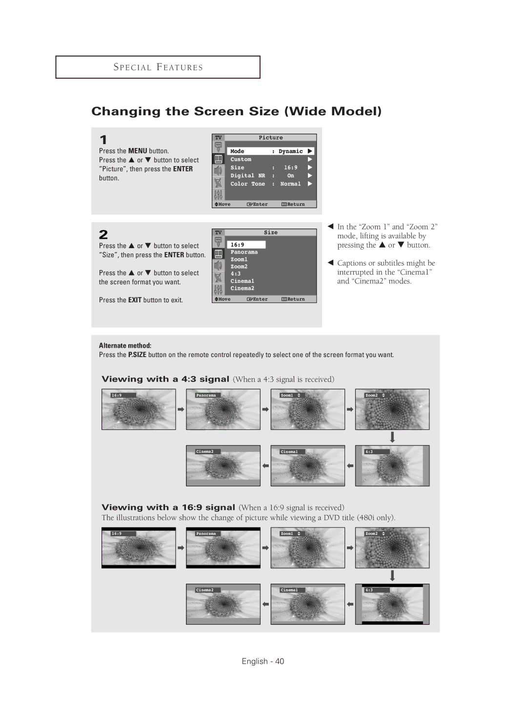 Samsung SP43Q5HL, SP47Q5HL manual Changing the Screen Size Wide Model 