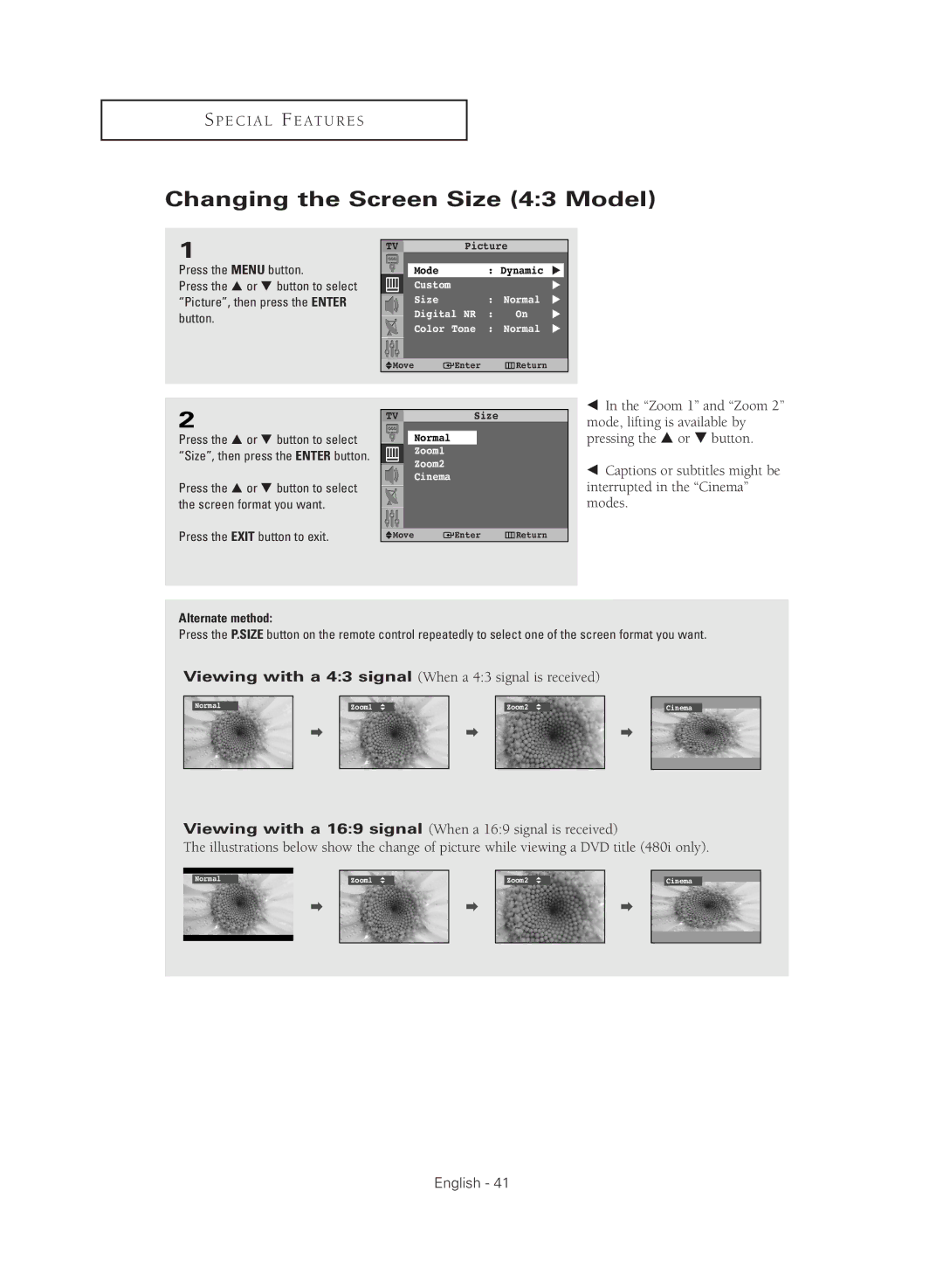 Samsung SP47Q5HL, SP43Q5HL manual Changing the Screen Size 43 Model, Press the … or † button to select 