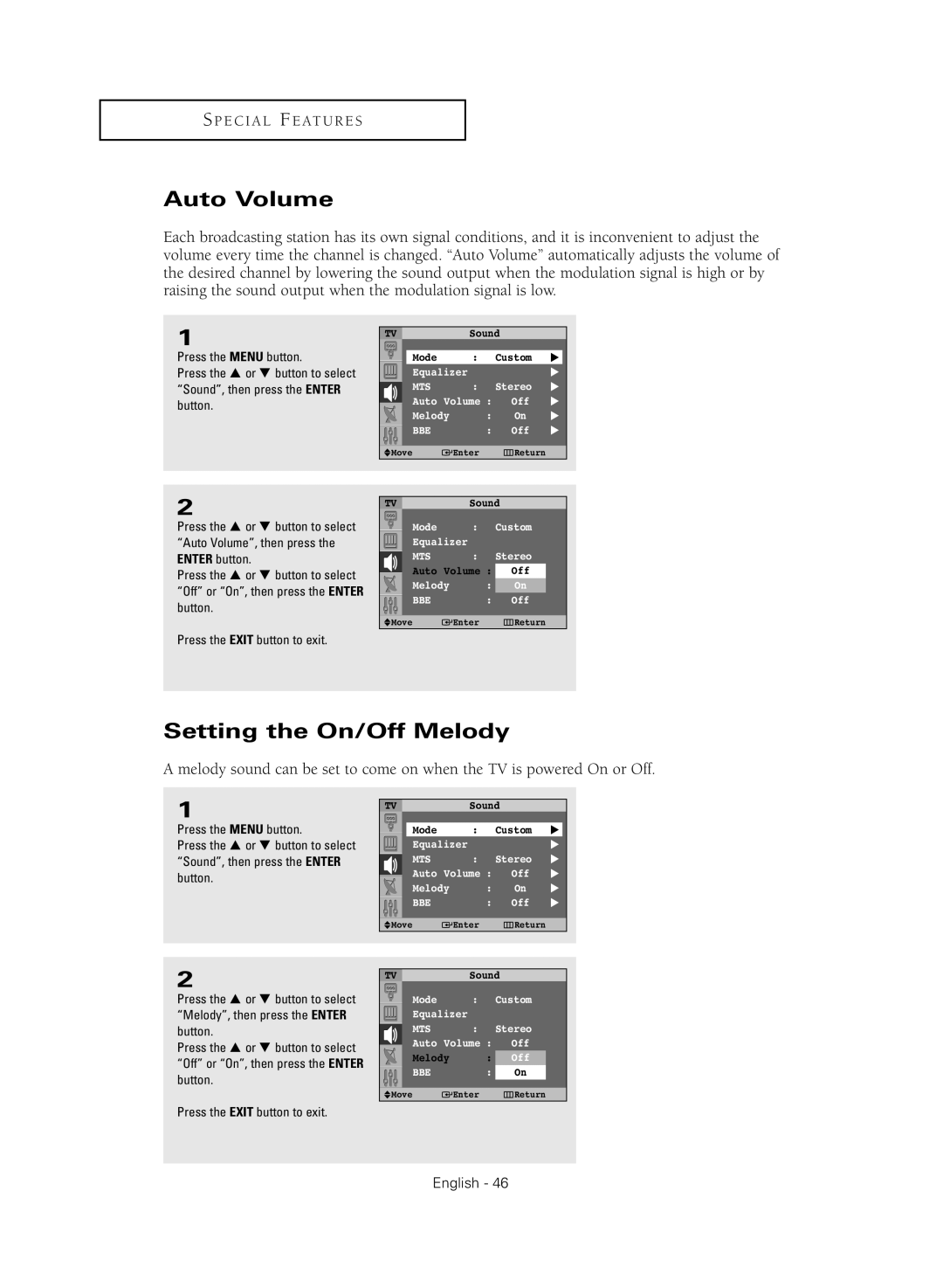 Samsung SP43Q5HL, SP47Q5HL manual Auto Volume, Setting the On/Off Melody 