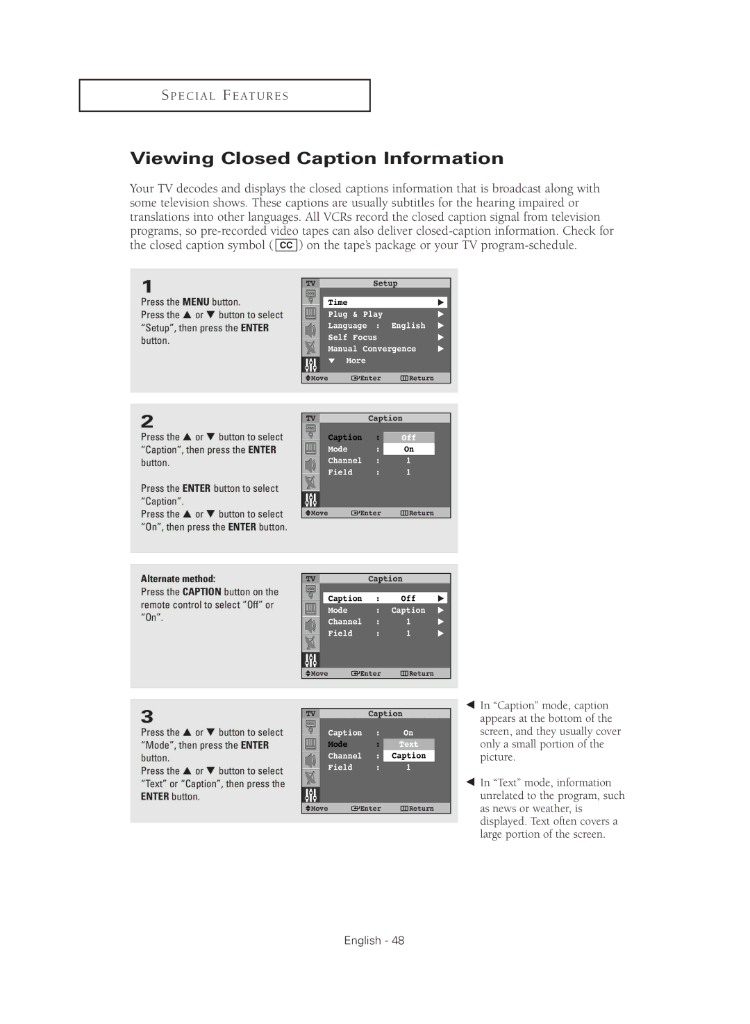 Samsung SP43Q5HL, SP47Q5HL manual Viewing Closed Caption Information 