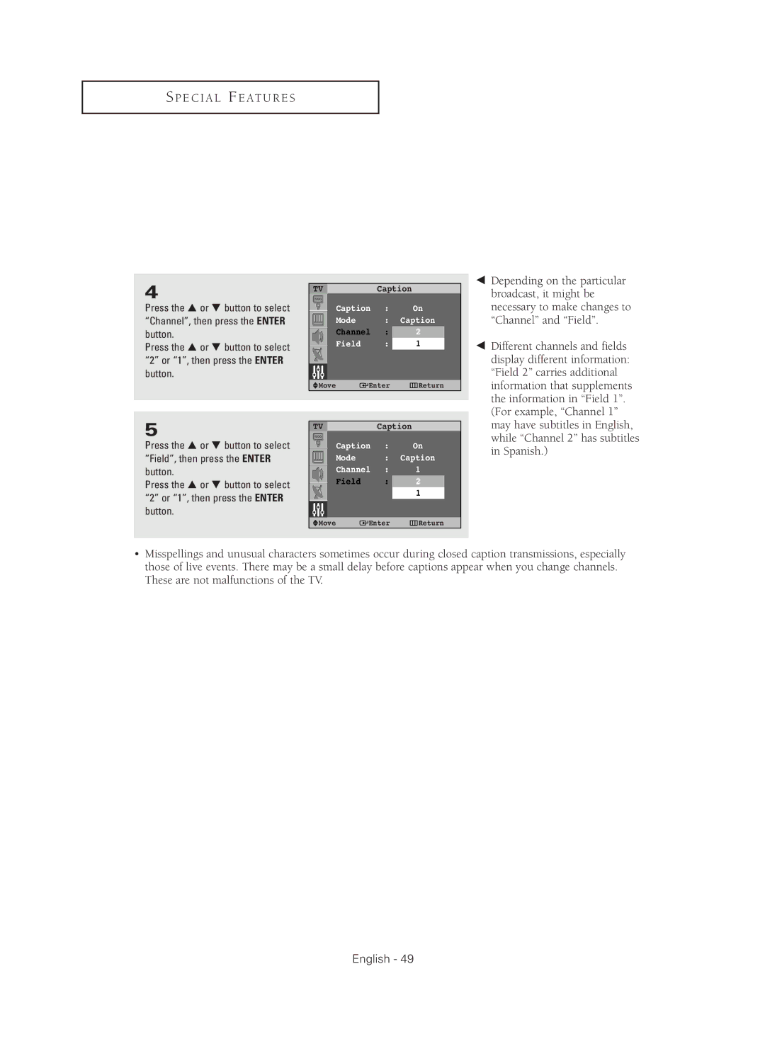 Samsung SP47Q5HL, SP43Q5HL manual Caption Mode Channel Field 