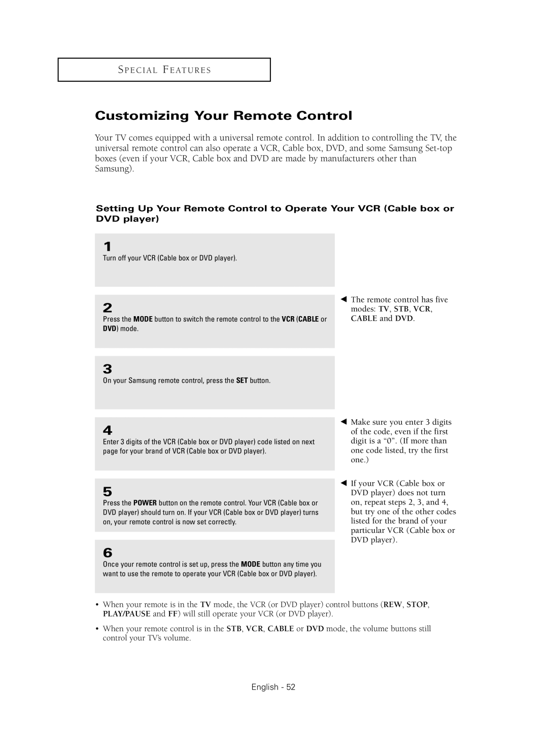 Samsung SP43Q5HL, SP47Q5HL manual Customizing Your Remote Control 