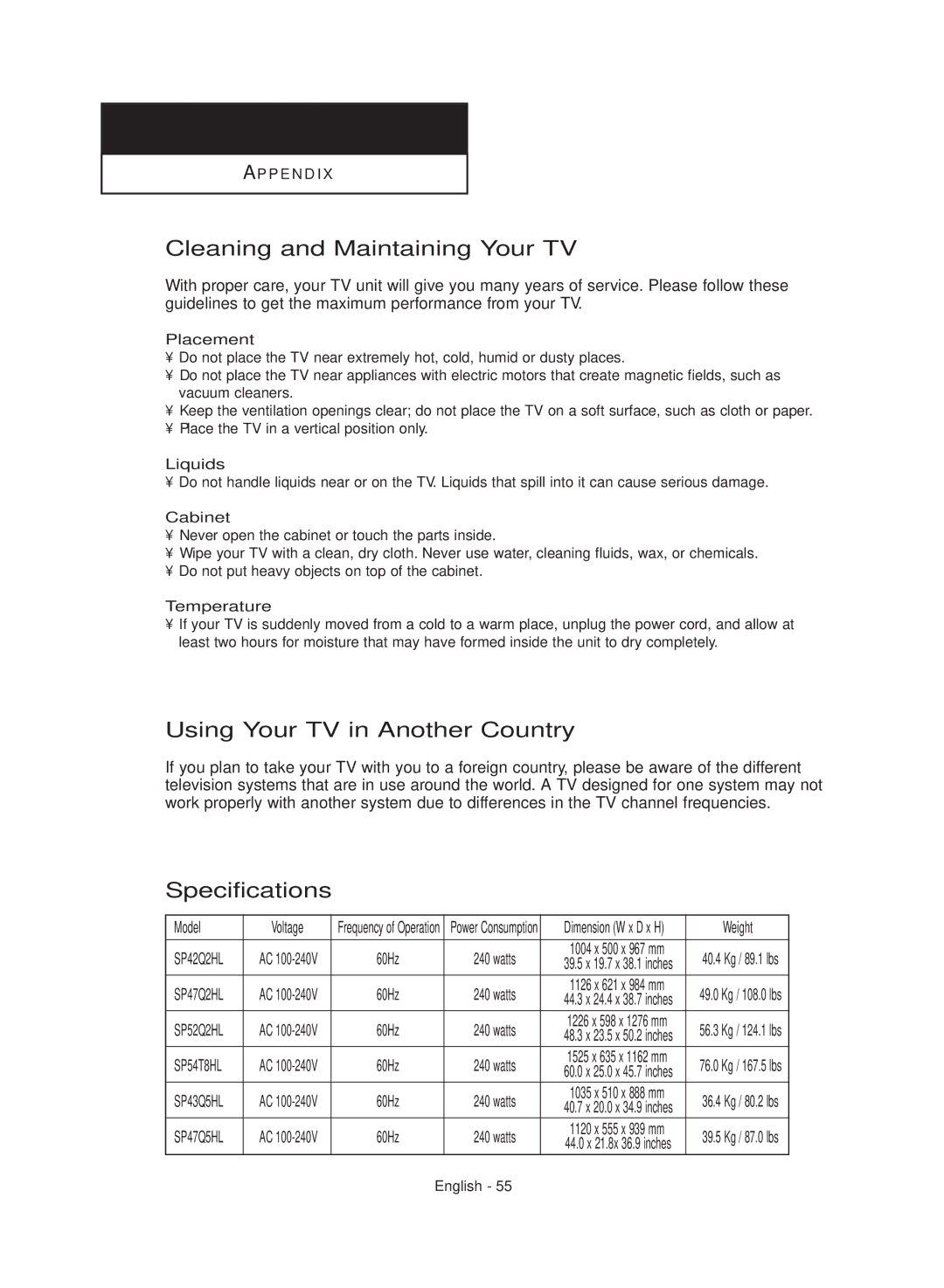 Samsung SP47Q5HL, SP43Q5HL manual Cleaning and Maintaining Your TV, Using Your TV in Another Country, Specifications 