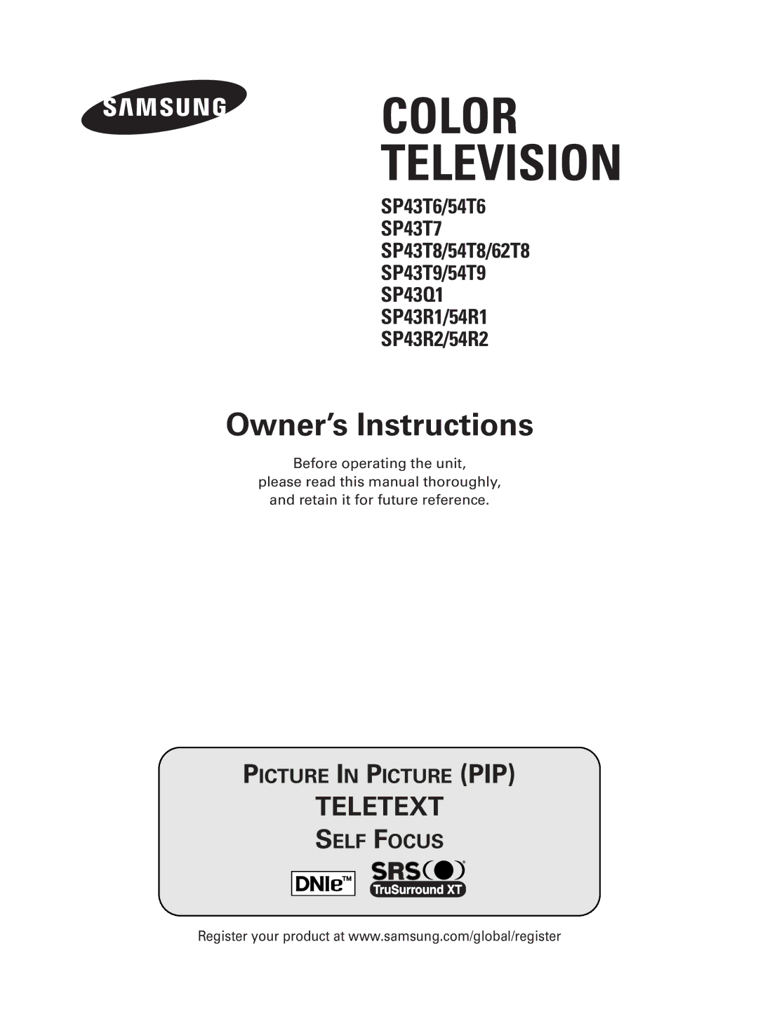 Samsung SP54T9, SP43T9 manual Color Television 