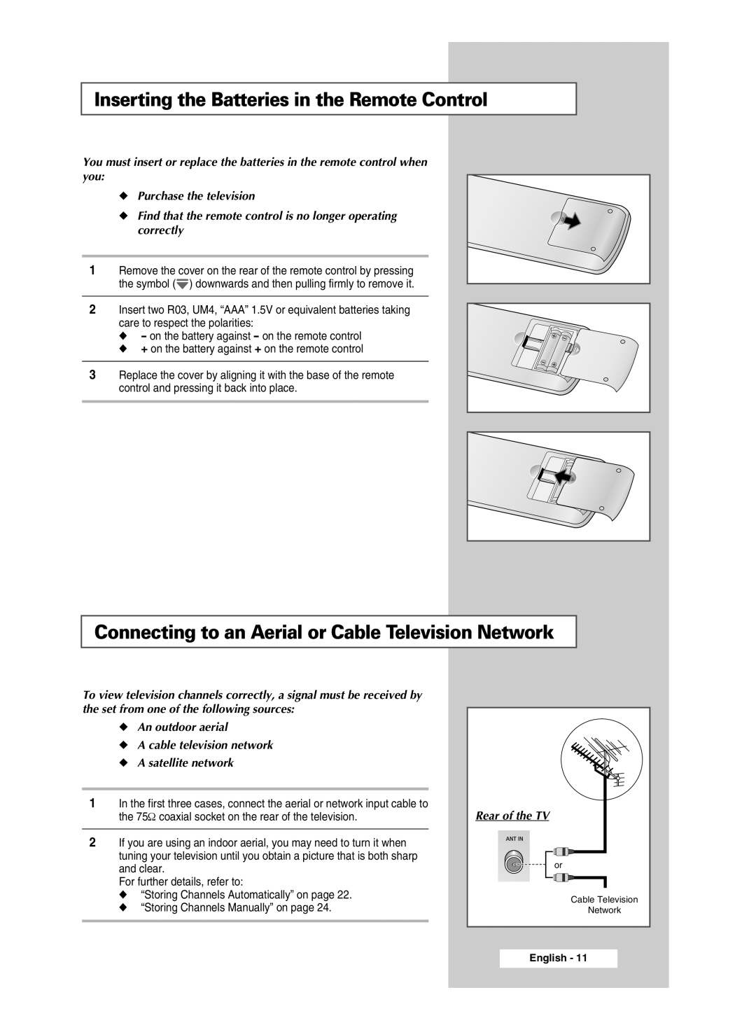 Samsung SP54T9, SP43T9 Inserting the Batteries in the Remote Control, Connecting to an Aerial or Cable Television Network 