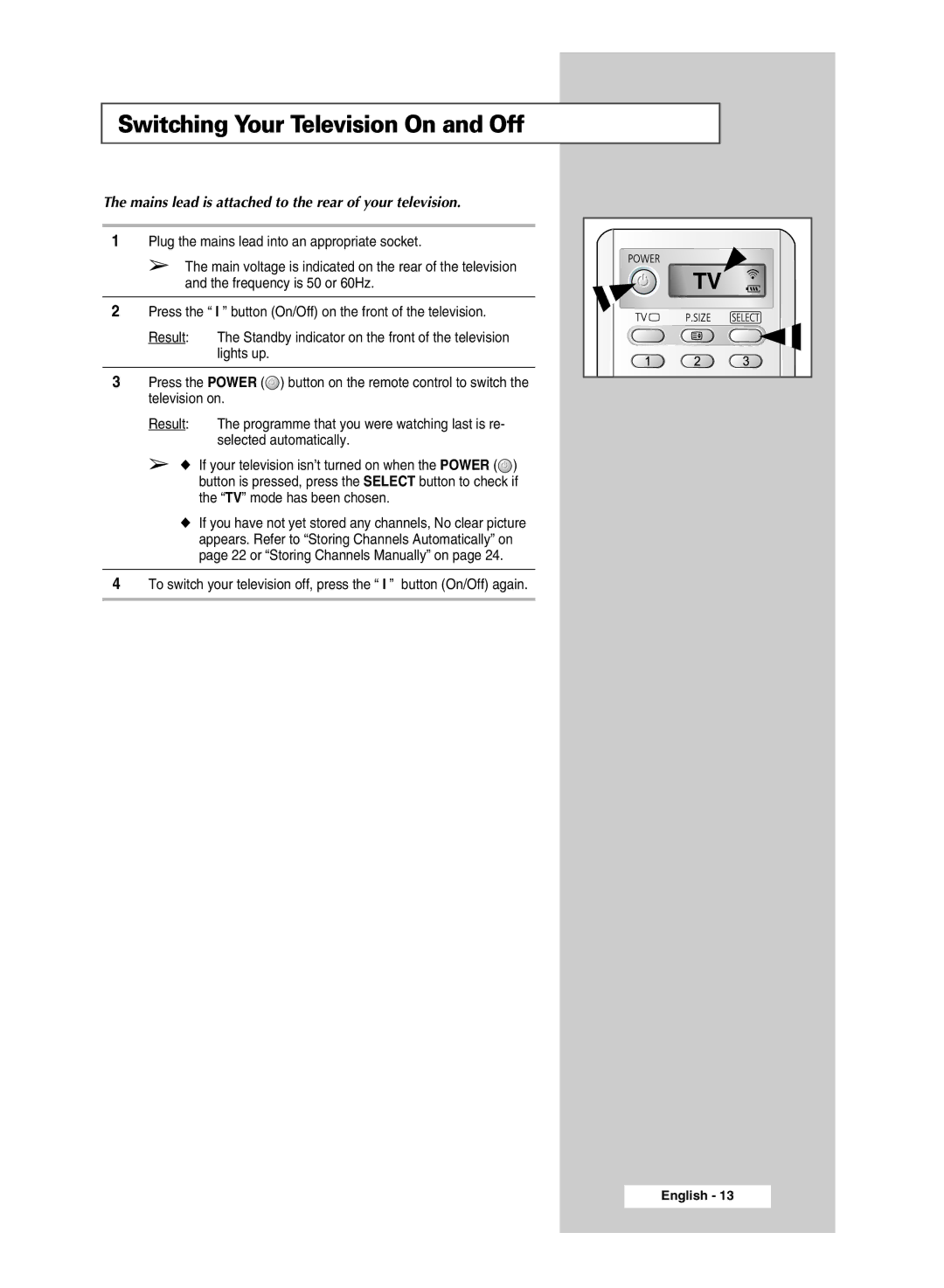 Samsung SP54T9, SP43T9 manual Switching Your Television On and Off, Mains lead is attached to the rear of your television 