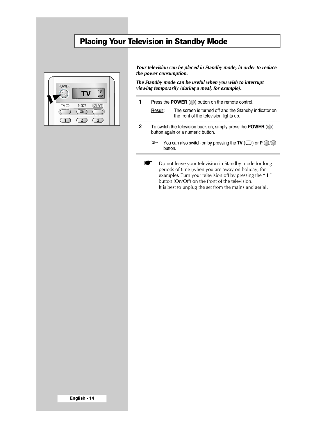 Samsung SP43T9, SP54T9 manual Placing Your Television in Standby Mode 