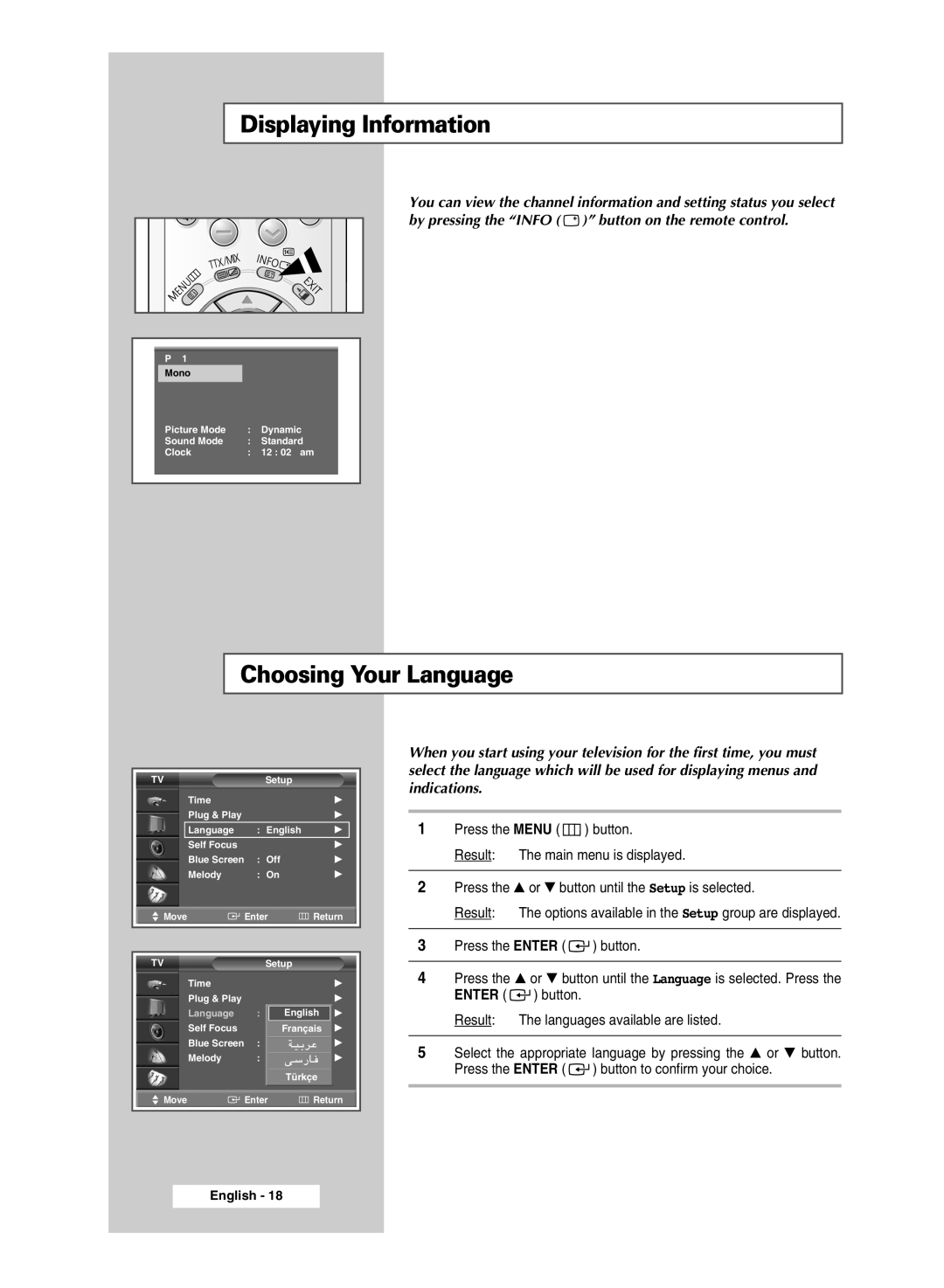 Samsung SP43T9, SP54T9 manual Displaying Information, Choosing Your Language 