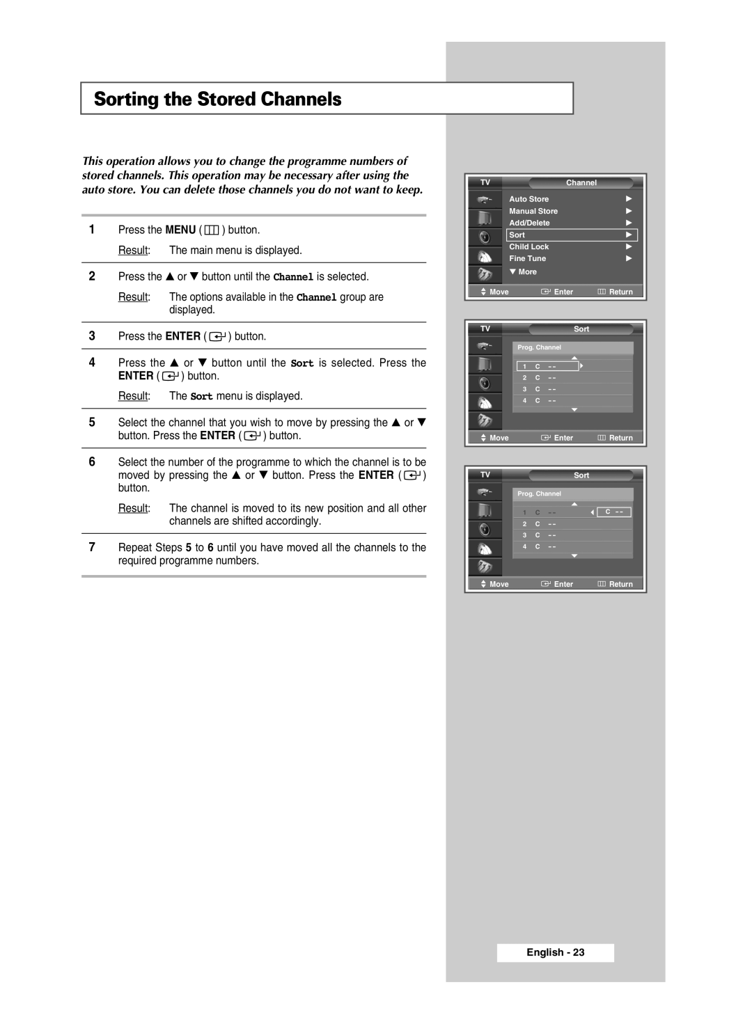 Samsung SP54T9, SP43T9 manual Sorting the Stored Channels 