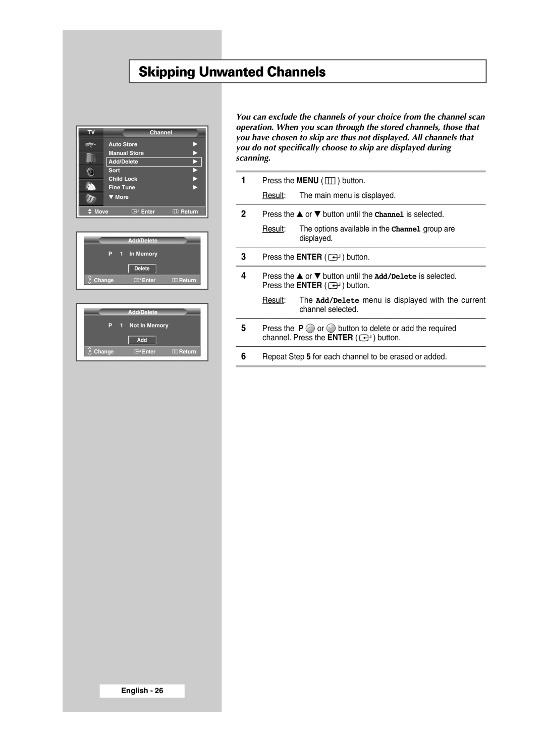 Samsung SP43T9, SP54T9 manual Skipping Unwanted Channels 