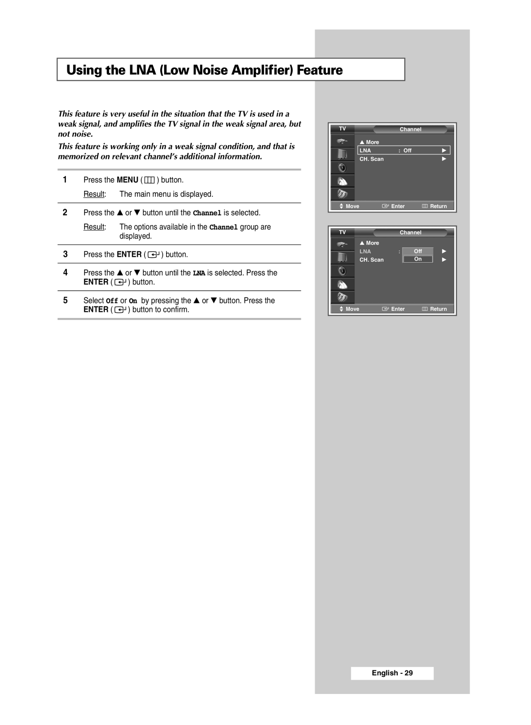 Samsung SP54T9, SP43T9 manual Using the LNA Low Noise Amplifier Feature 