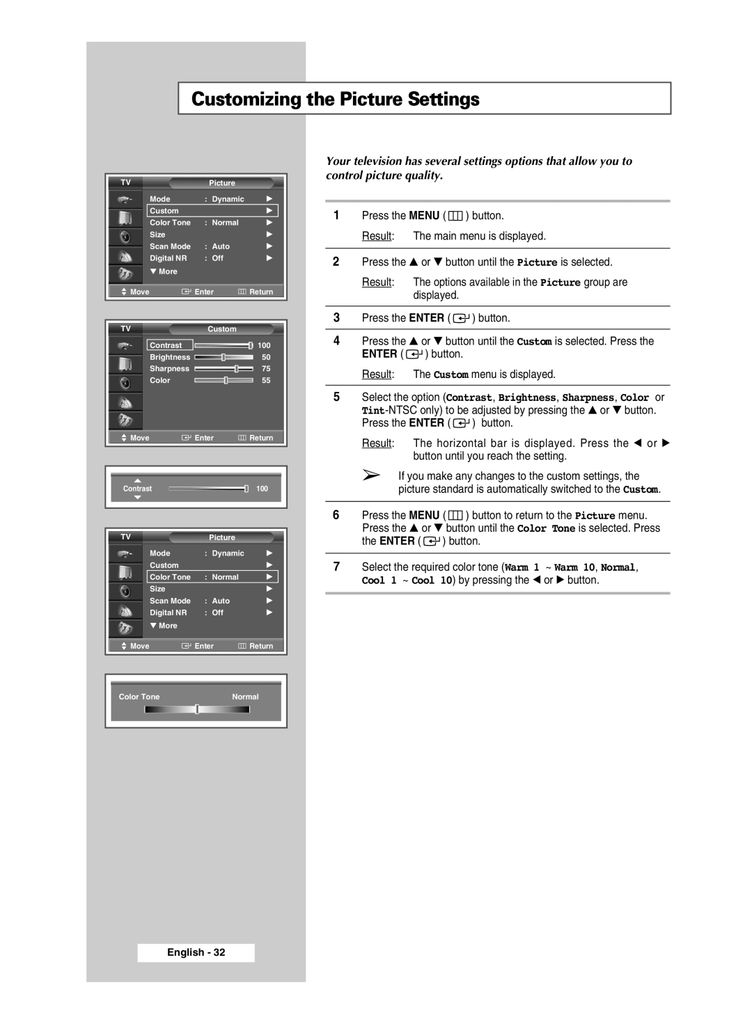 Samsung SP43T9, SP54T9 manual Customizing the Picture Settings 