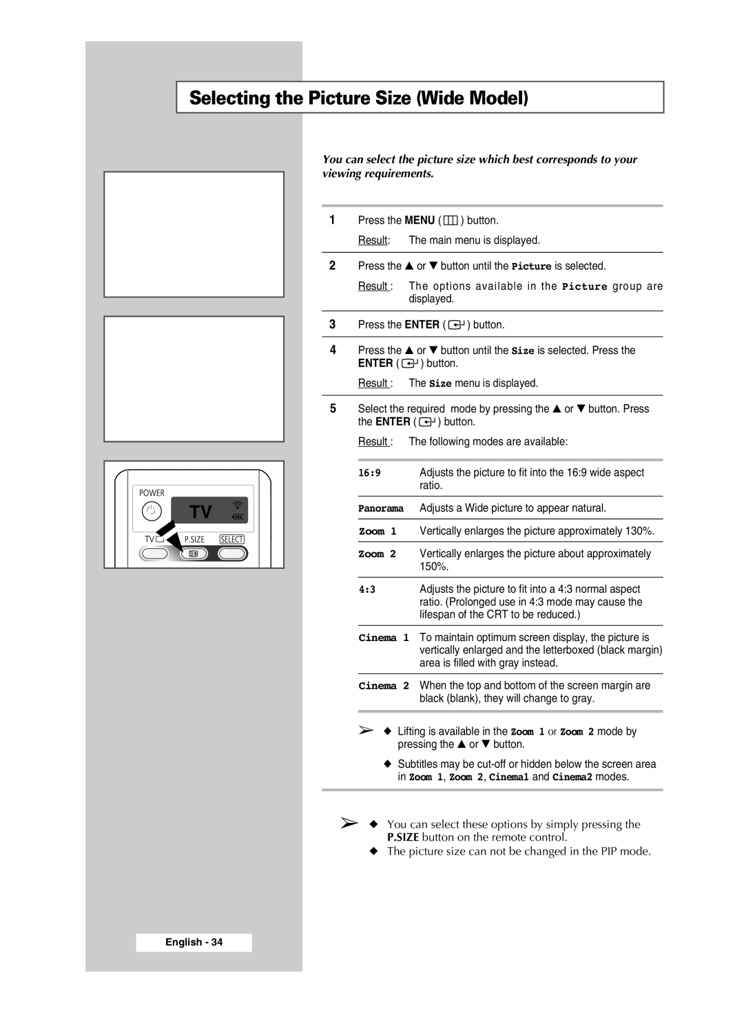 Samsung SP43T9, SP54T9 manual Selecting the Picture Size Wide Model, Lifespan of the CRT to be reduced 