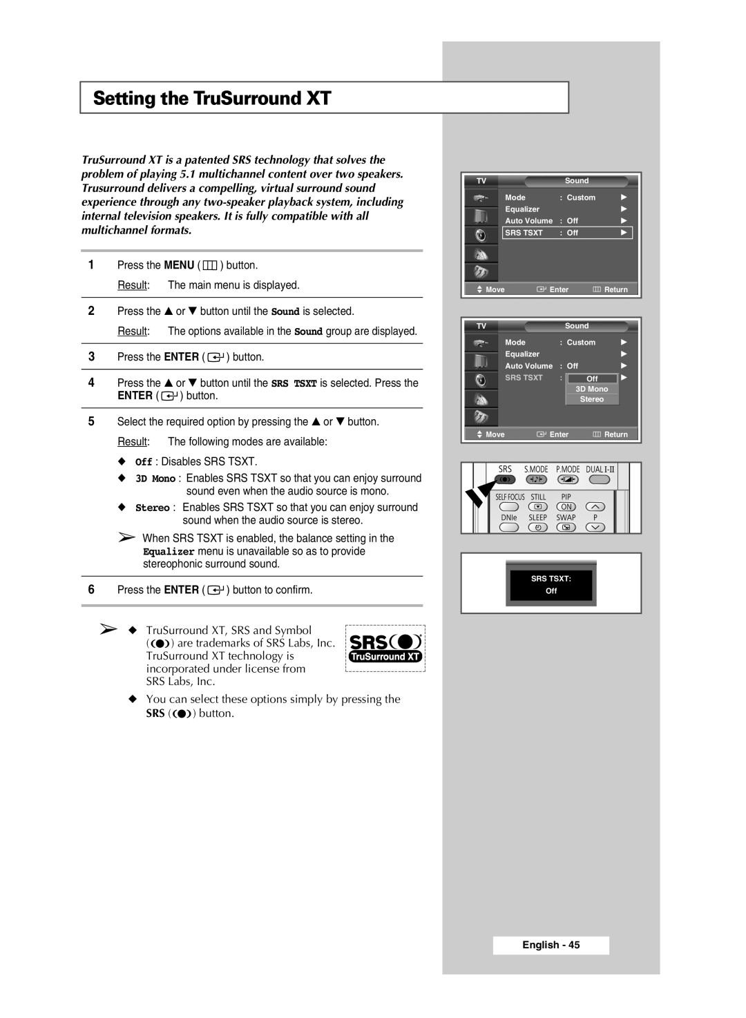 Samsung SP54T9, SP43T9 manual Setting the TruSurround XT 