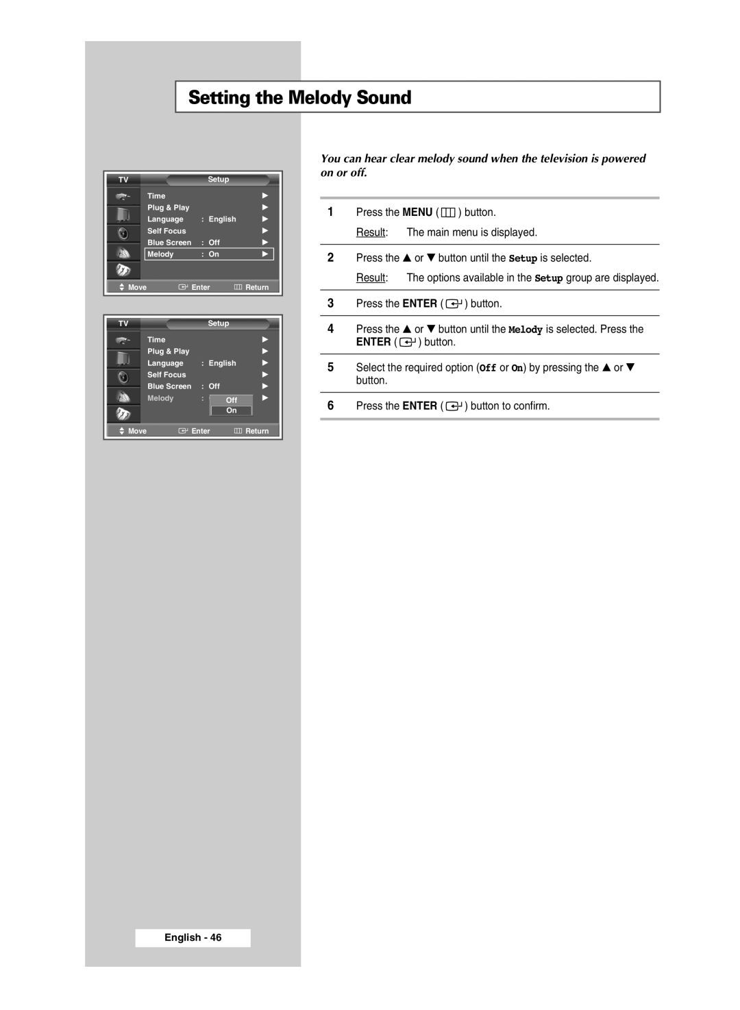 Samsung SP43T9, SP54T9 manual Setting the Melody Sound 