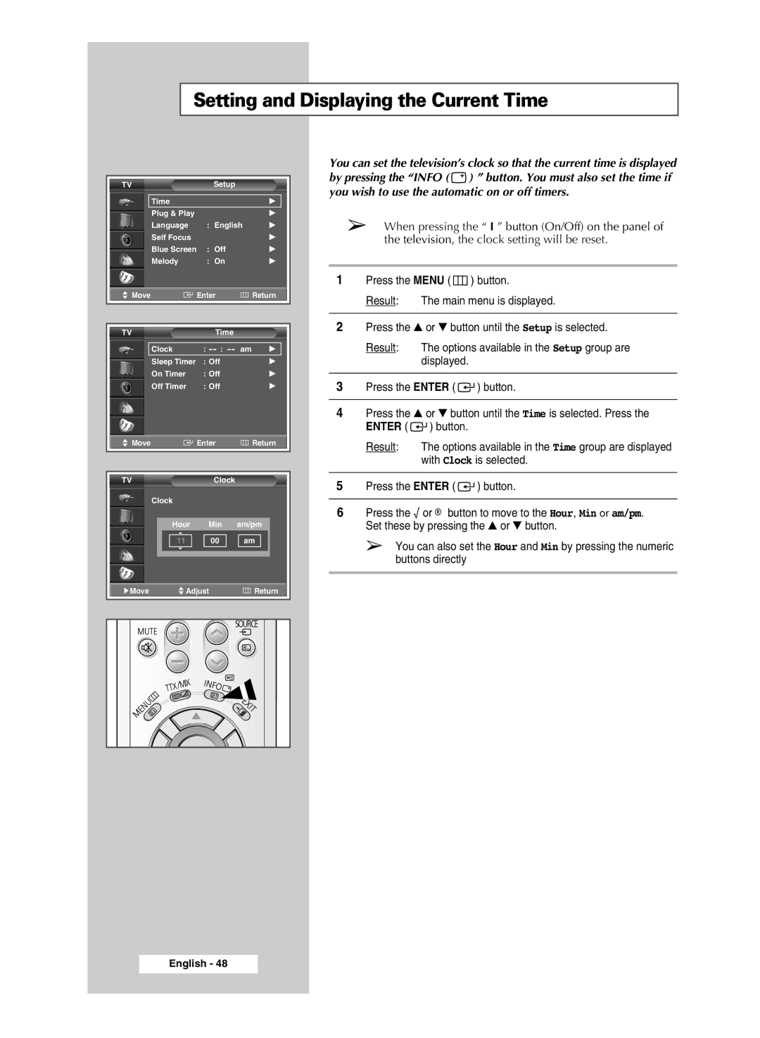 Samsung SP43T9, SP54T9 manual Setting and Displaying the Current Time 