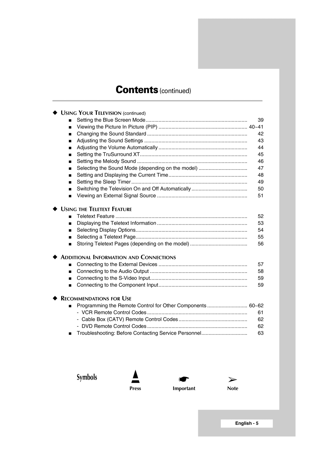 Samsung SP54T9, SP43T9 manual Symbols 