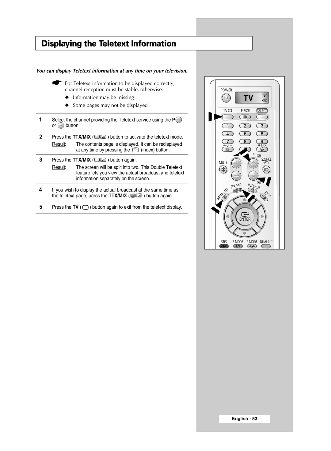 Samsung SP54T9, SP43T9 manual Displaying the Teletext Information 