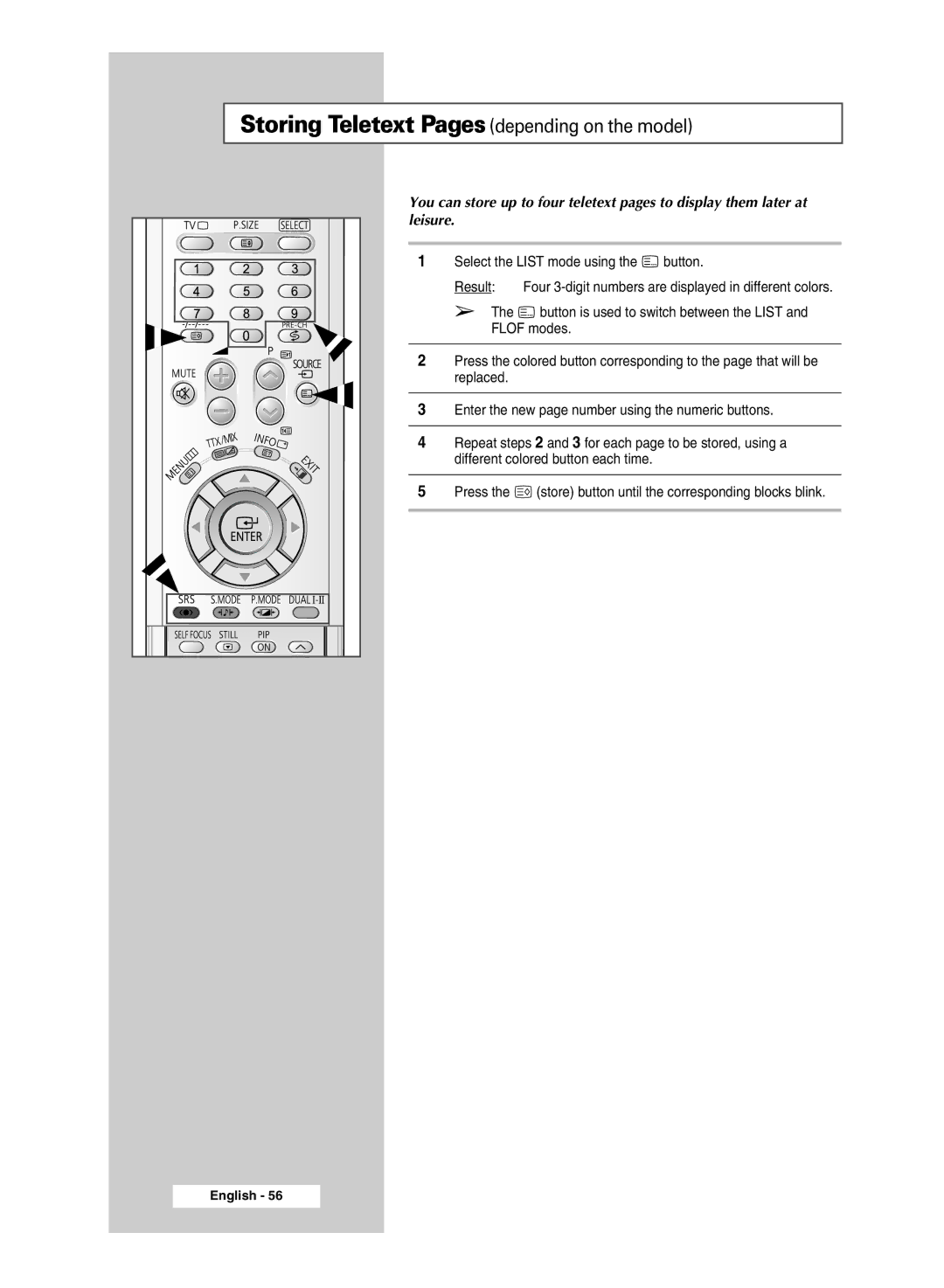 Samsung SP43T9, SP54T9 manual Storing Teletext Pages depending on the model 