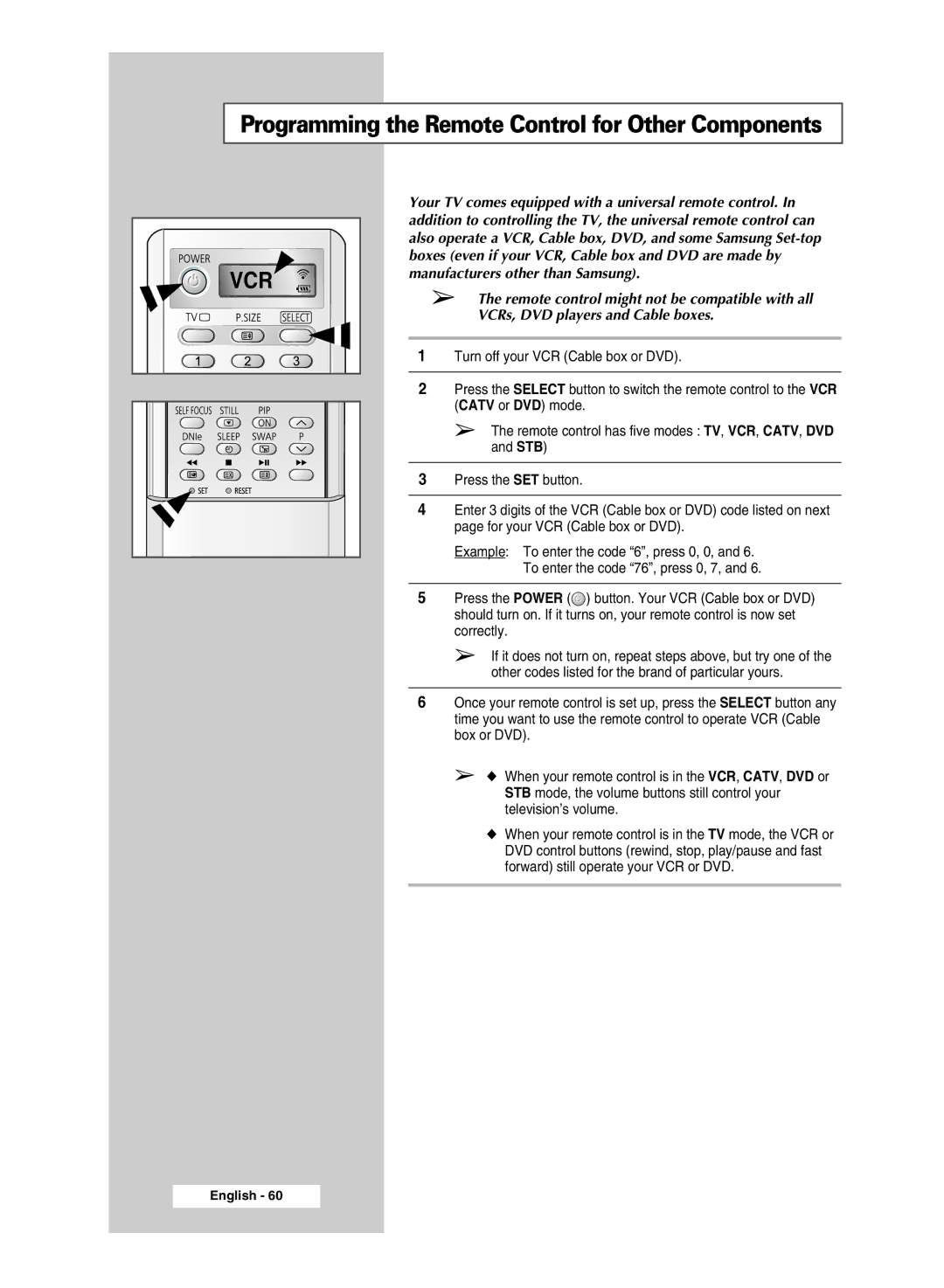 Samsung SP43T9, SP54T9 manual Programming the Remote Control for Other Components 