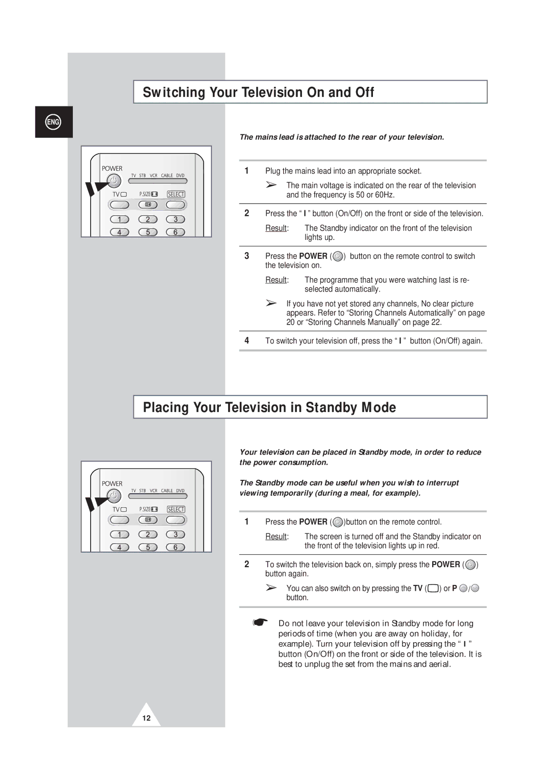 Samsung SP42Q2, SP43W6 manual Switching Your Television On and Off, Placing Your Television in Standby Mode 