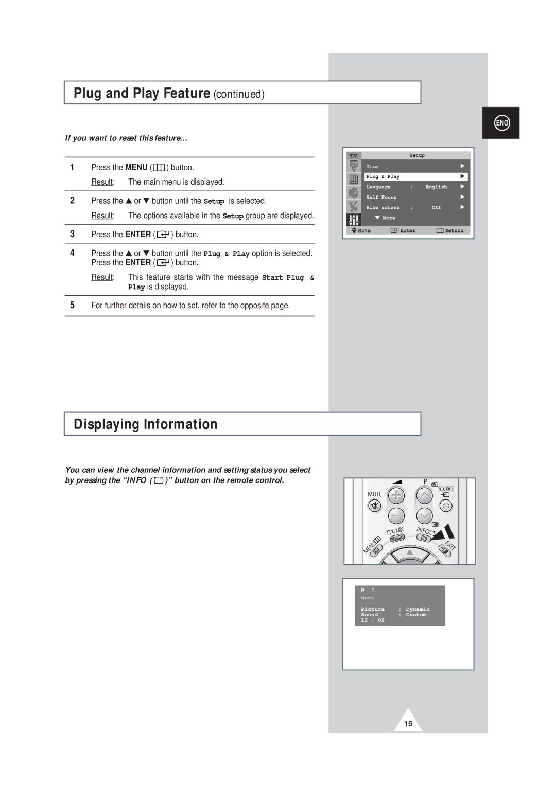 Samsung SP43W6, SP42Q2 manual Displaying Information, If you want to reset this feature 