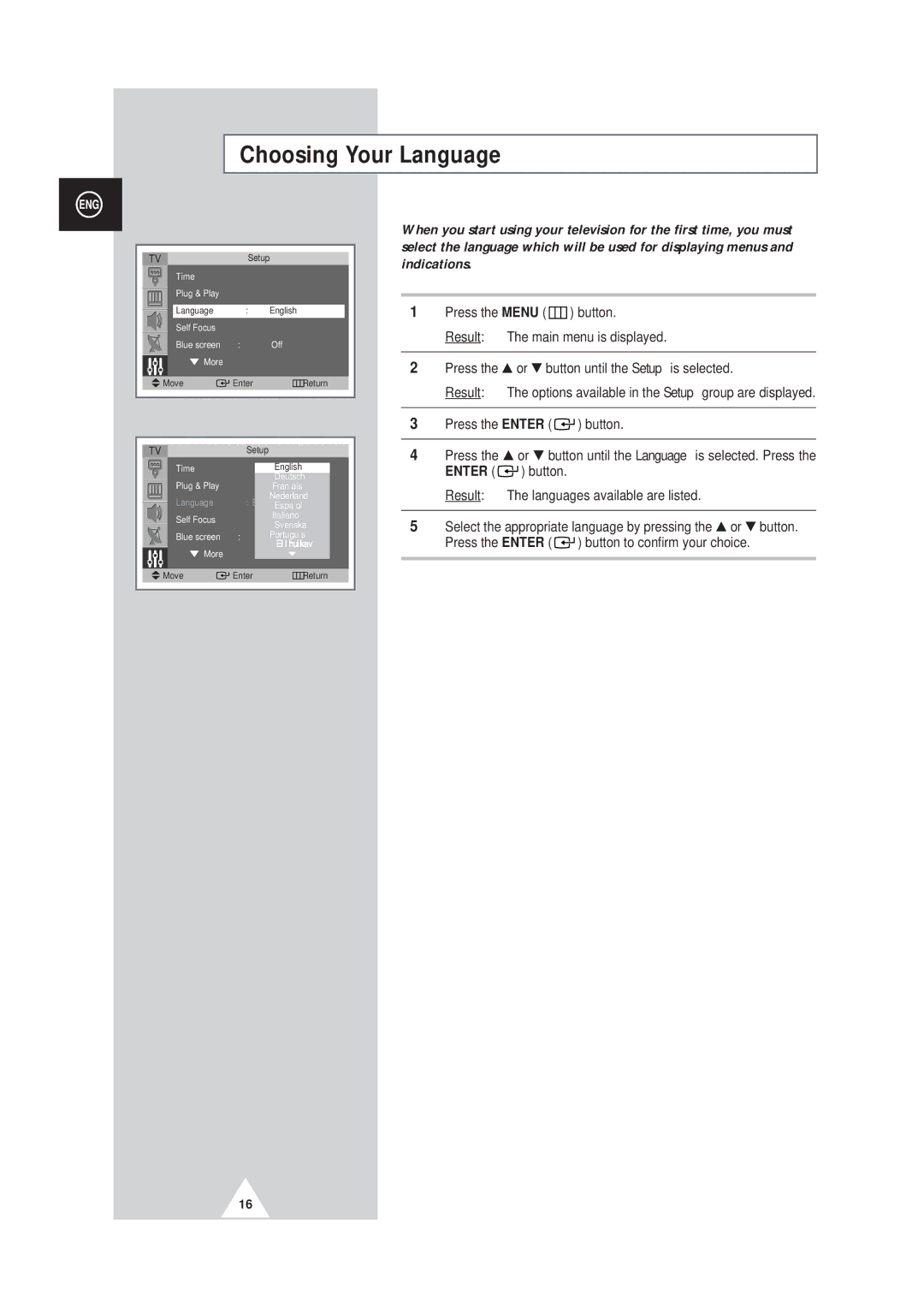 Samsung SP42Q2, SP43W6 manual Choosing Your Language 