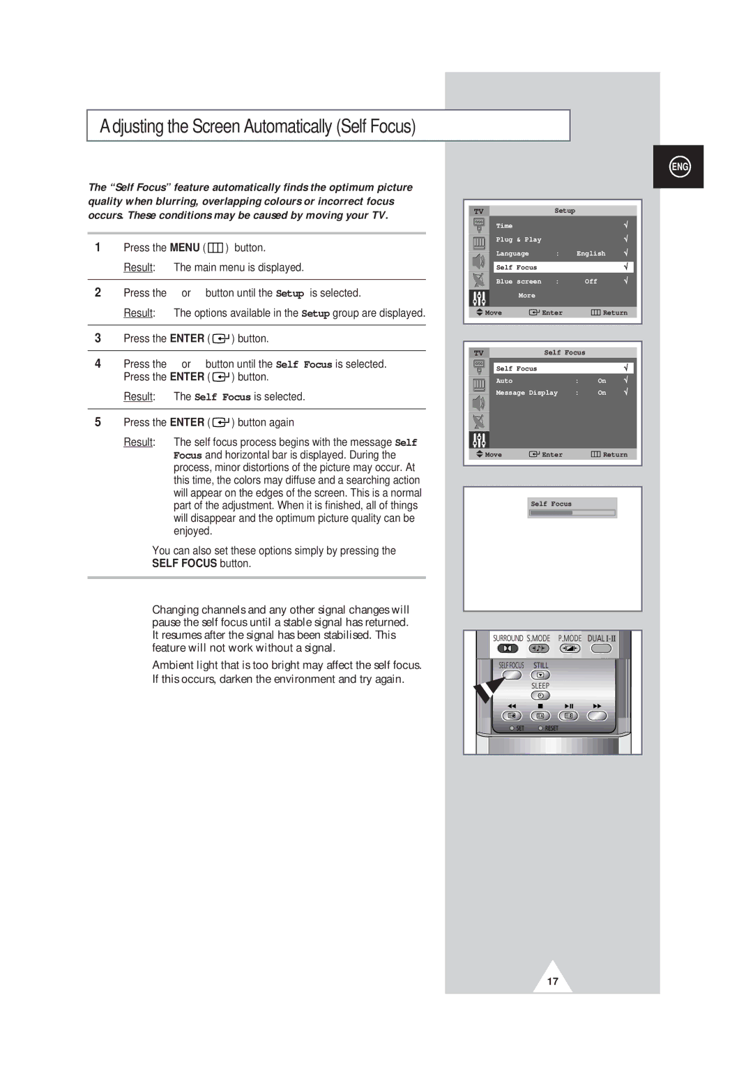 Samsung SP43W6, SP42Q2 manual Adjusting the Screen Automatically Self Focus 