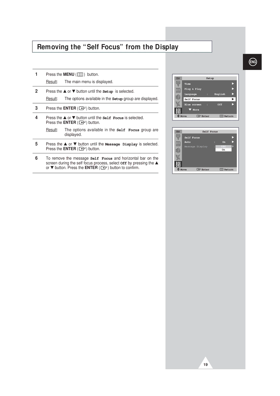 Samsung SP43W6, SP42Q2 manual Removing the Self Focus from the Display 