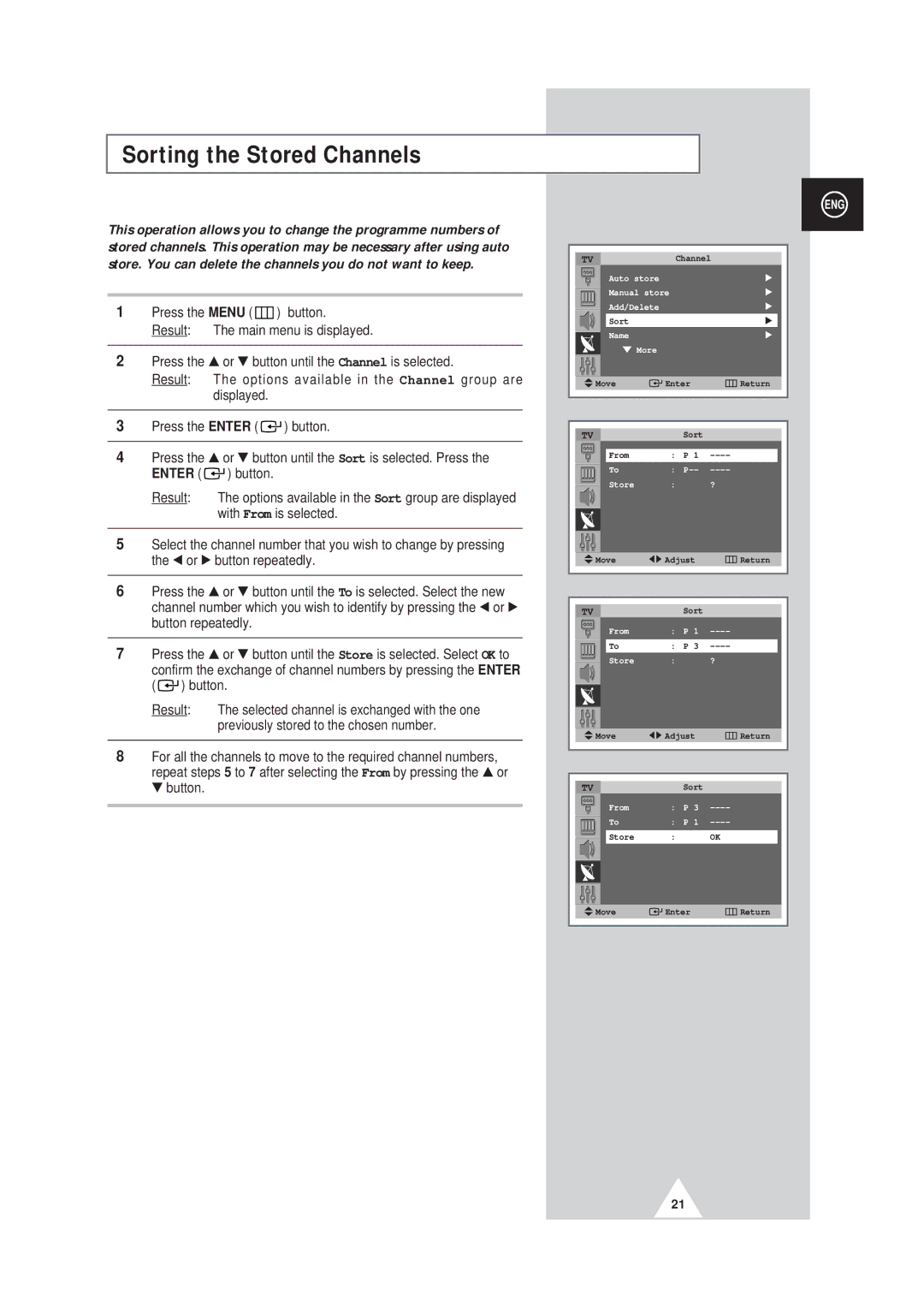 Samsung SP43W6, SP42Q2 manual Sorting the Stored Channels 