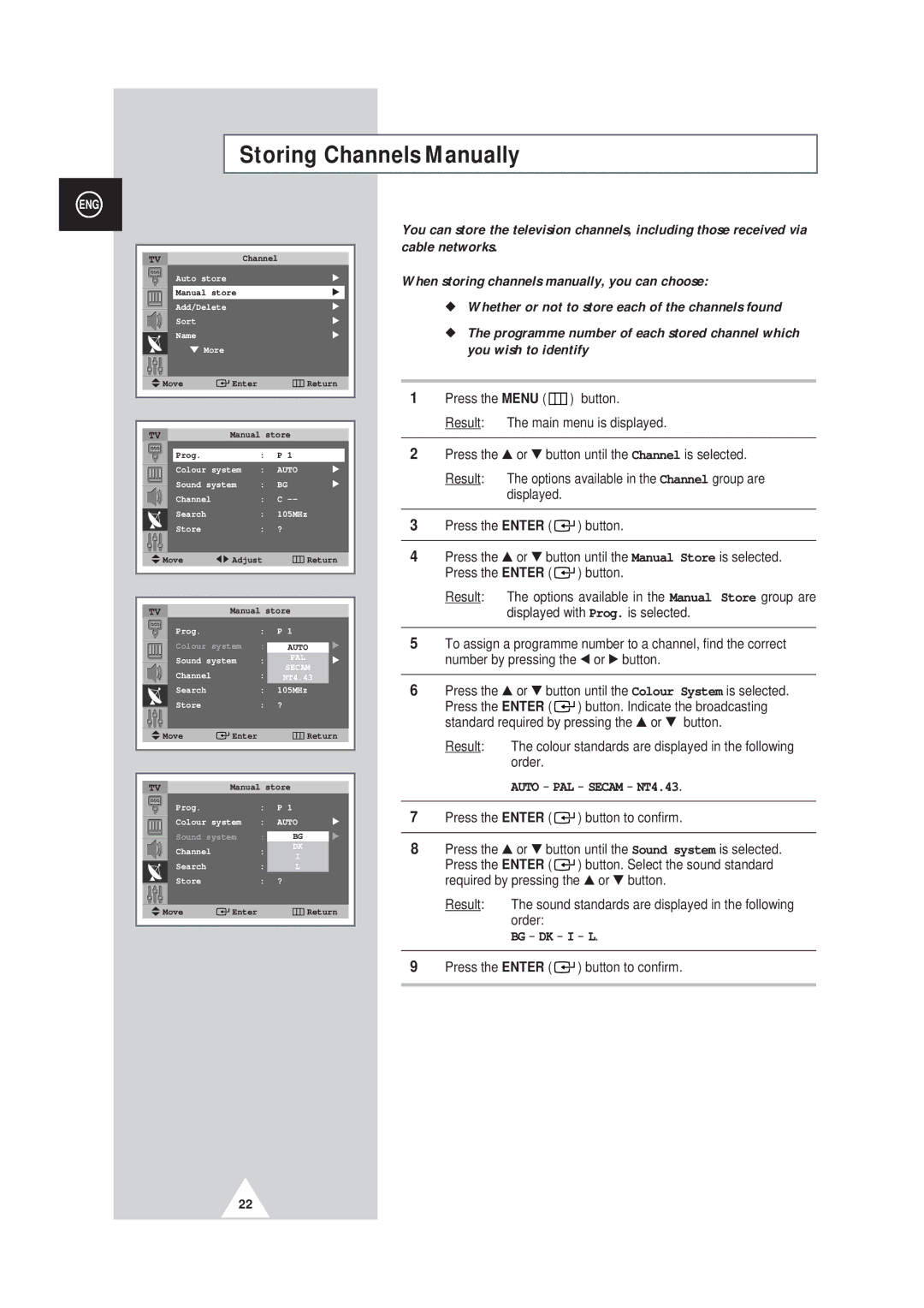 Samsung SP42Q2, SP43W6 manual Storing Channels Manually, Auto 