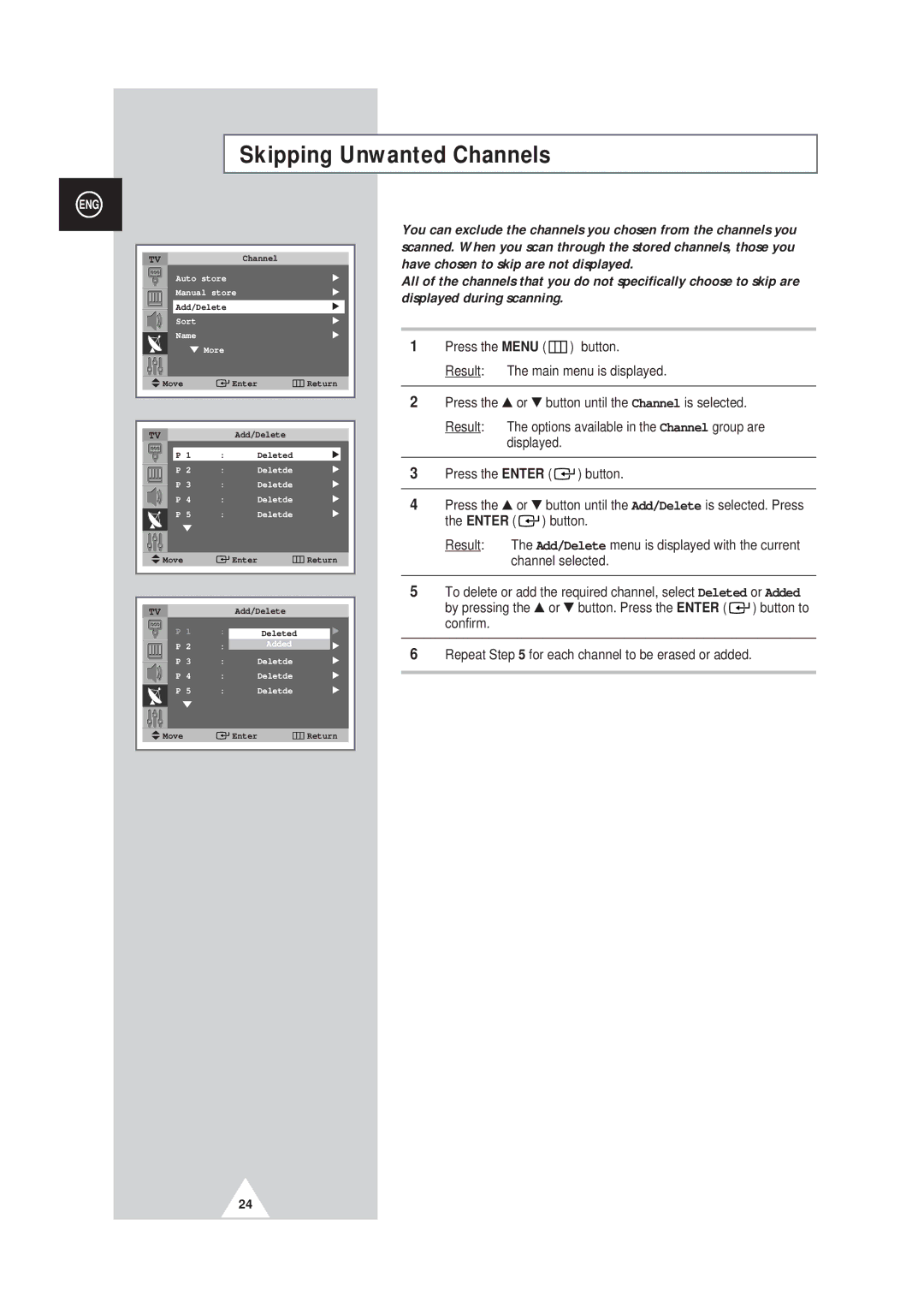 Samsung SP42Q2, SP43W6 manual Skipping Unwanted Channels 