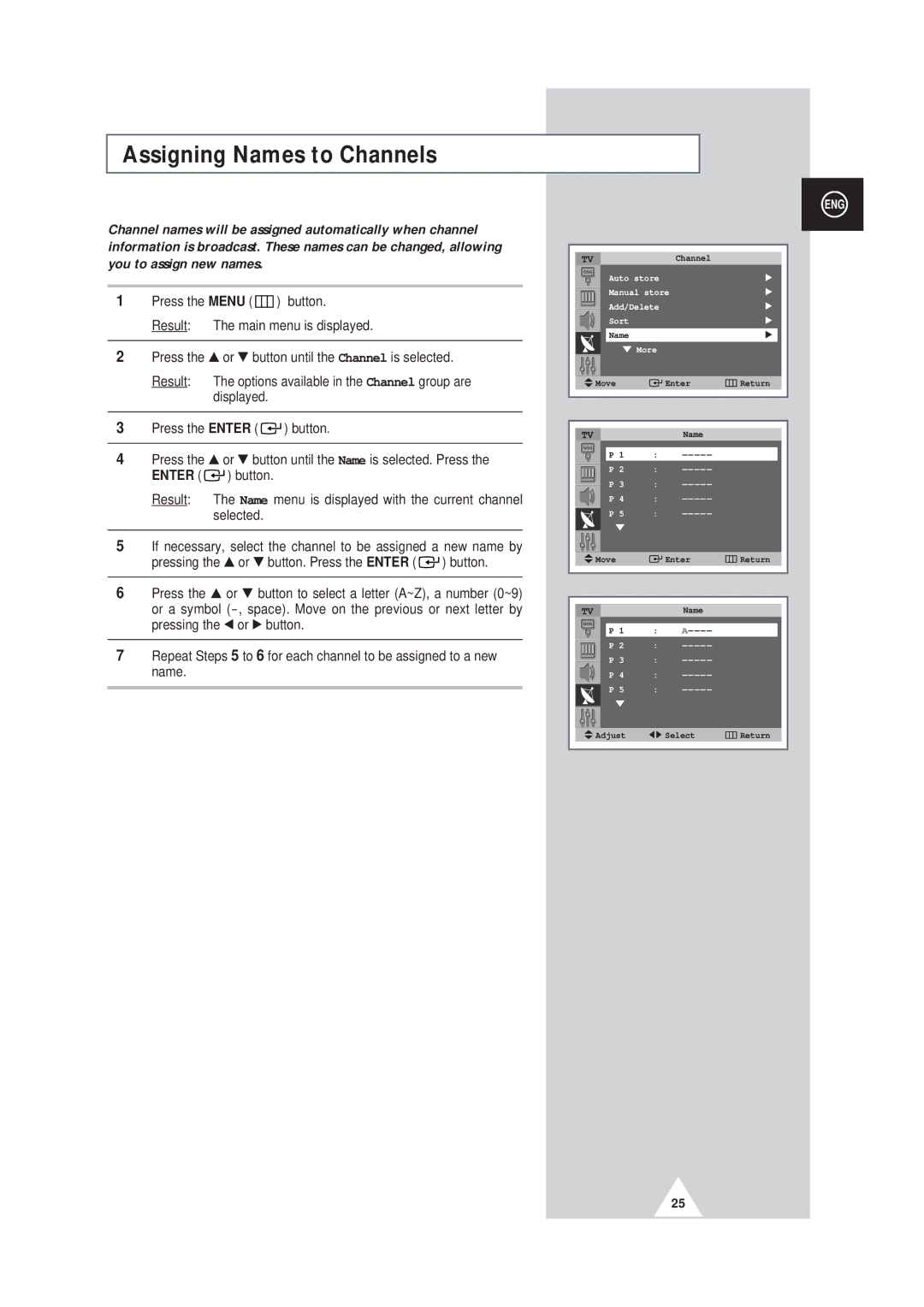 Samsung SP43W6, SP42Q2 manual Assigning Names to Channels 