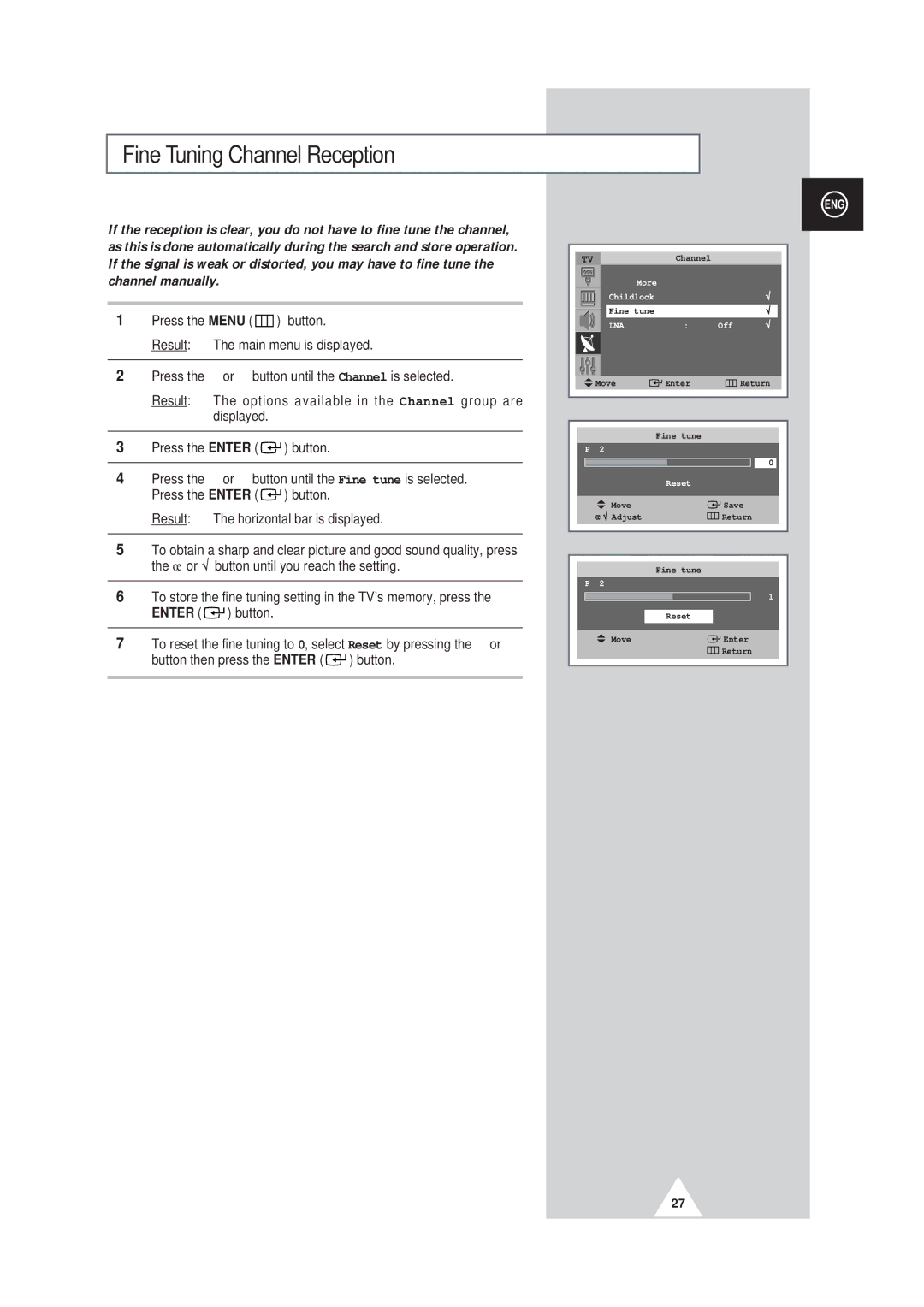 Samsung SP43W6, SP42Q2 manual Fine Tuning Channel Reception 