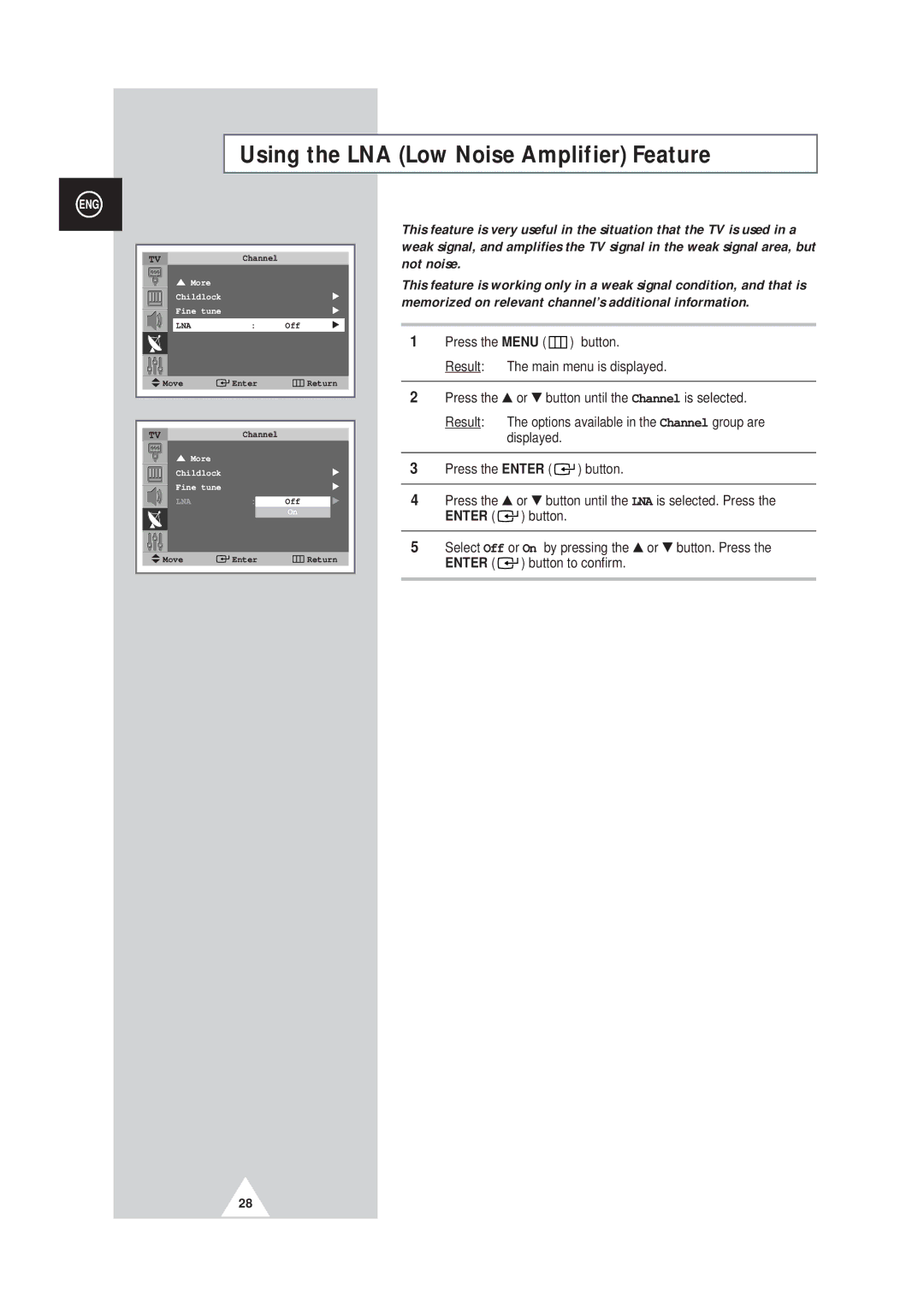 Samsung SP42Q2, SP43W6 manual Using the LNA Low Noise Amplifier Feature 