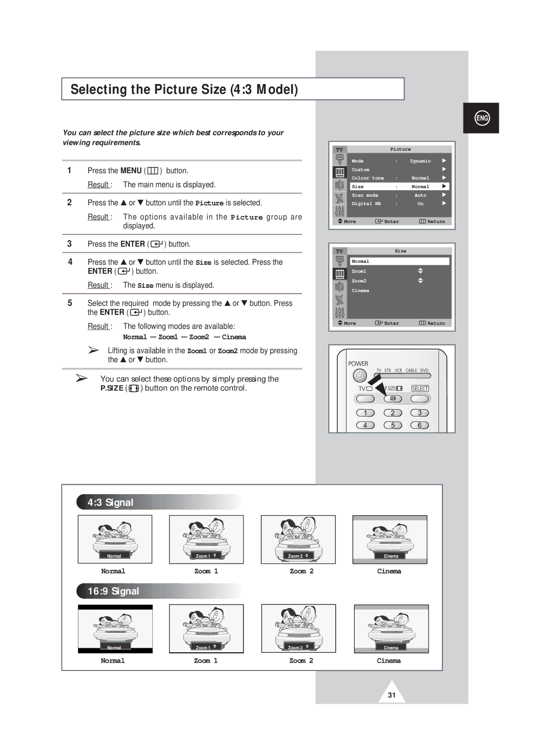 Samsung SP43W6, SP42Q2 manual Selecting the Picture Size 43 Model, Result The options available in the Picture group are 