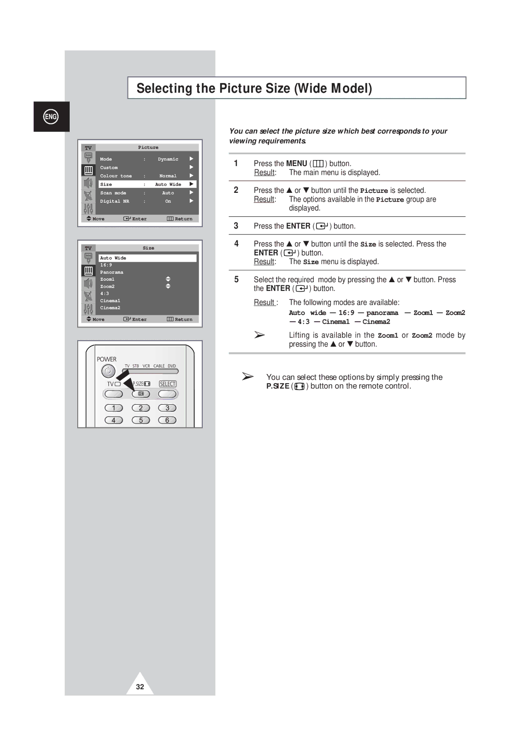 Samsung SP42Q2, SP43W6 manual Selecting the Picture Size Wide Model, Press the Menu button Result The main menu is displayed 