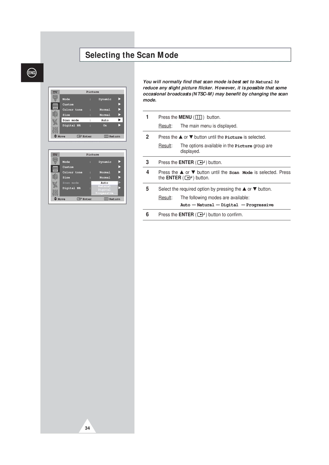 Samsung SP42Q2, SP43W6 manual Selecting the Scan Mode 