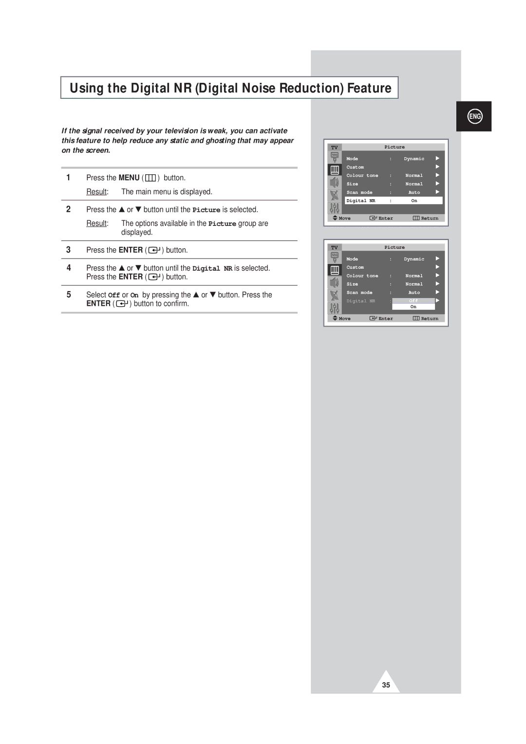 Samsung SP43W6, SP42Q2 manual Using the Digital NR Digital Noise Reduction Feature 