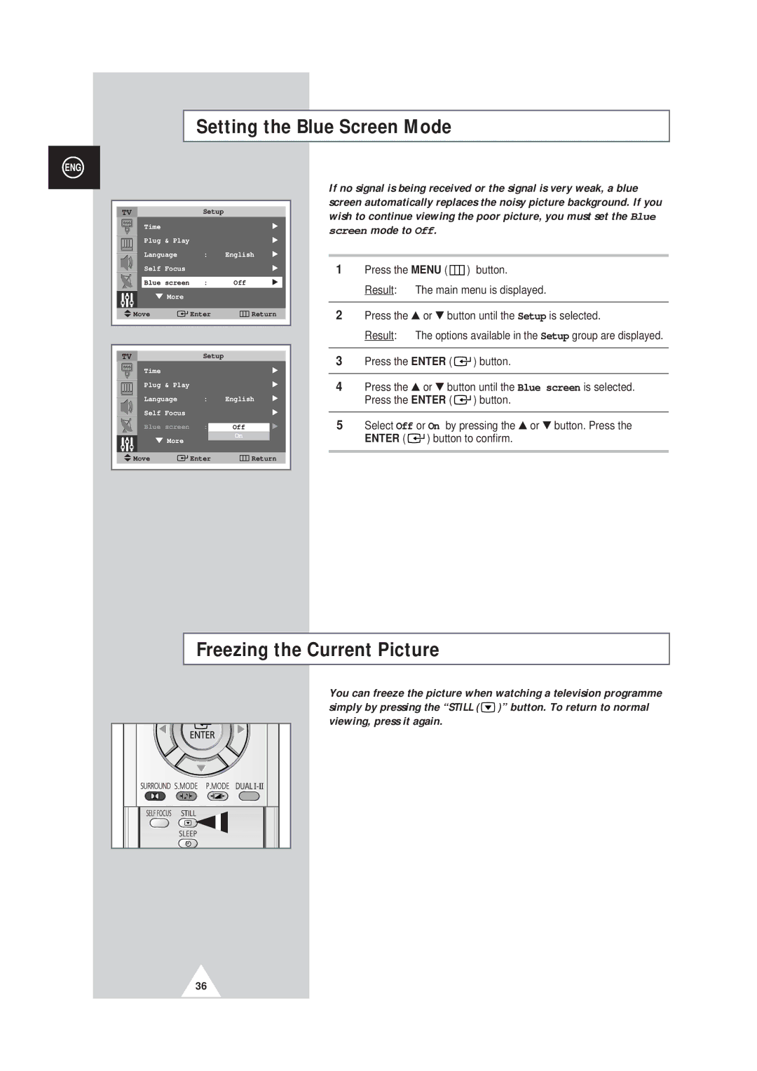 Samsung SP42Q2, SP43W6 manual Setting the Blue Screen Mode, Freezing the Current Picture 