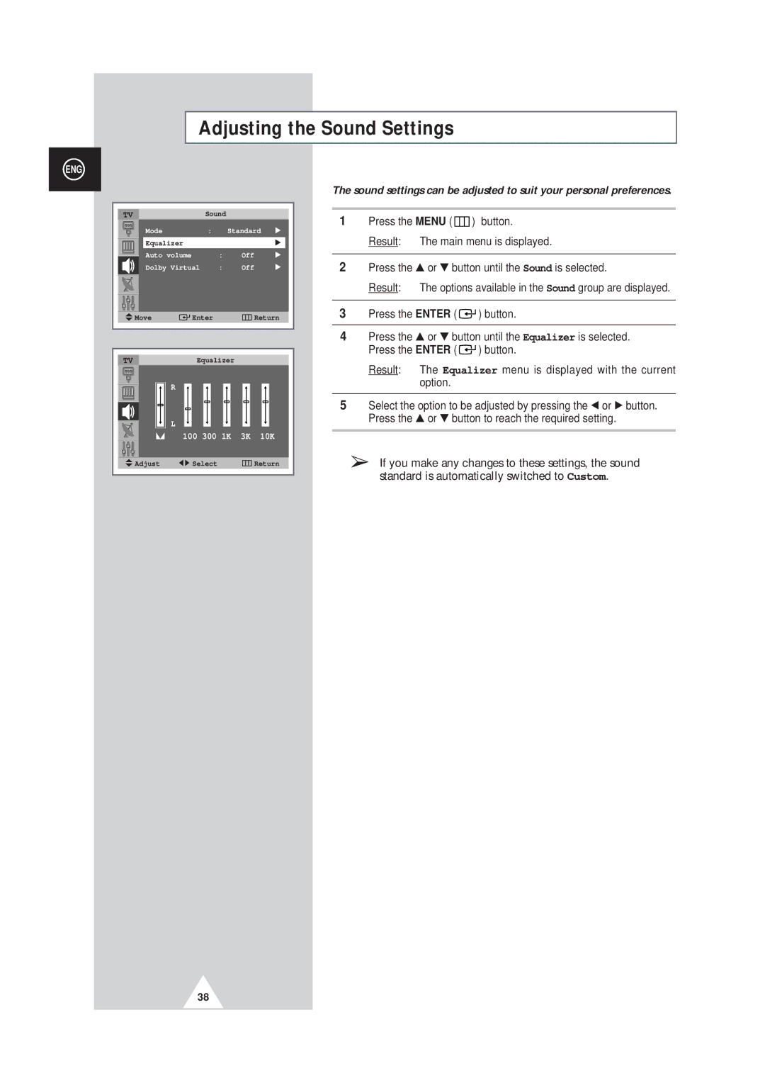 Samsung SP42Q2, SP43W6 manual Adjusting the Sound Settings 