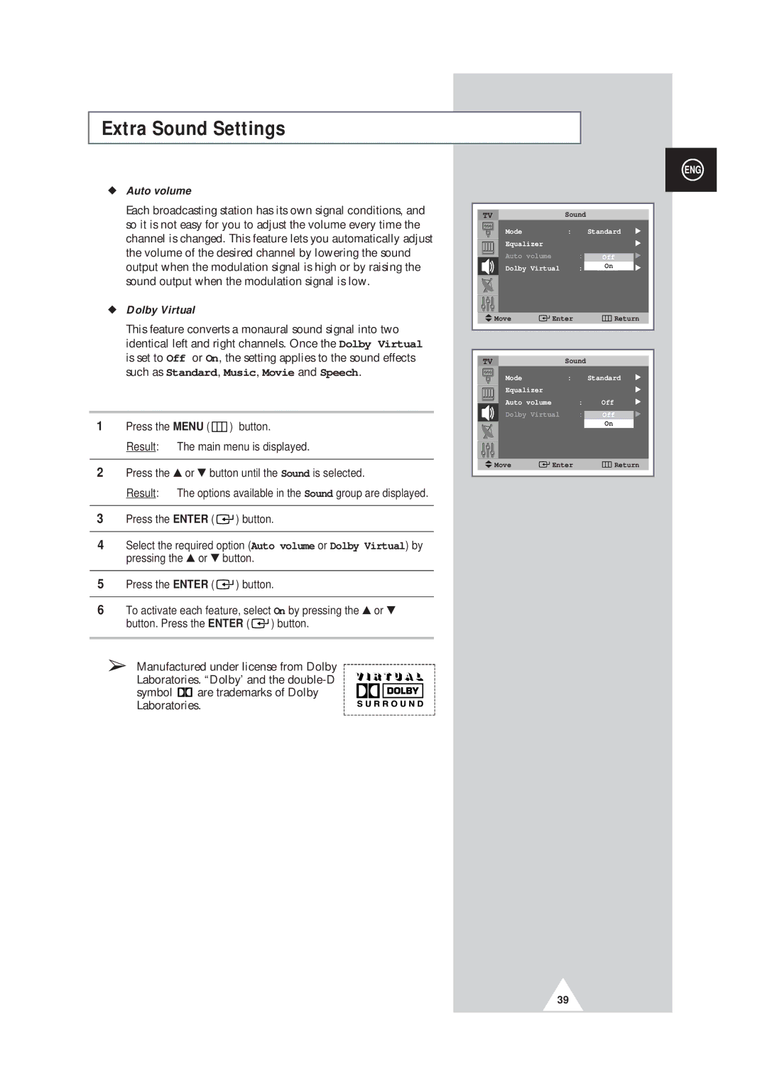 Samsung SP43W6, SP42Q2 manual Extra Sound Settings, Auto volume 